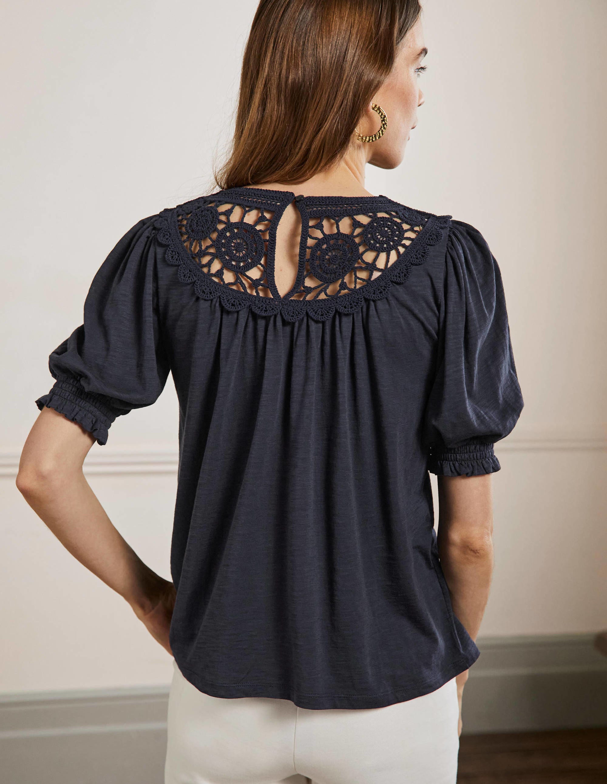 Anais Crochet Puff Sleeve Top-Navy - Image 3