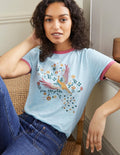 Contrast Rib Cotton T-Shirt-Blue, Enchanting Peacock