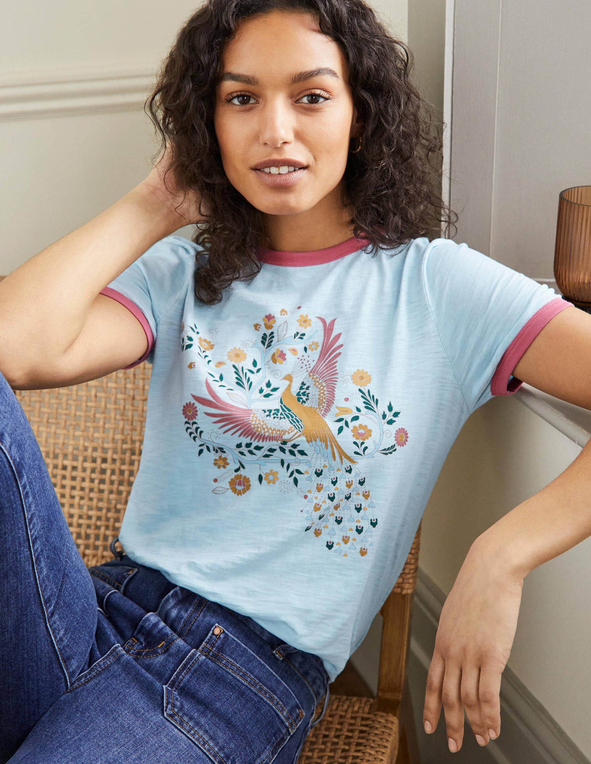 Contrast Rib Cotton T-Shirt-Blue, Enchanting Peacock-1