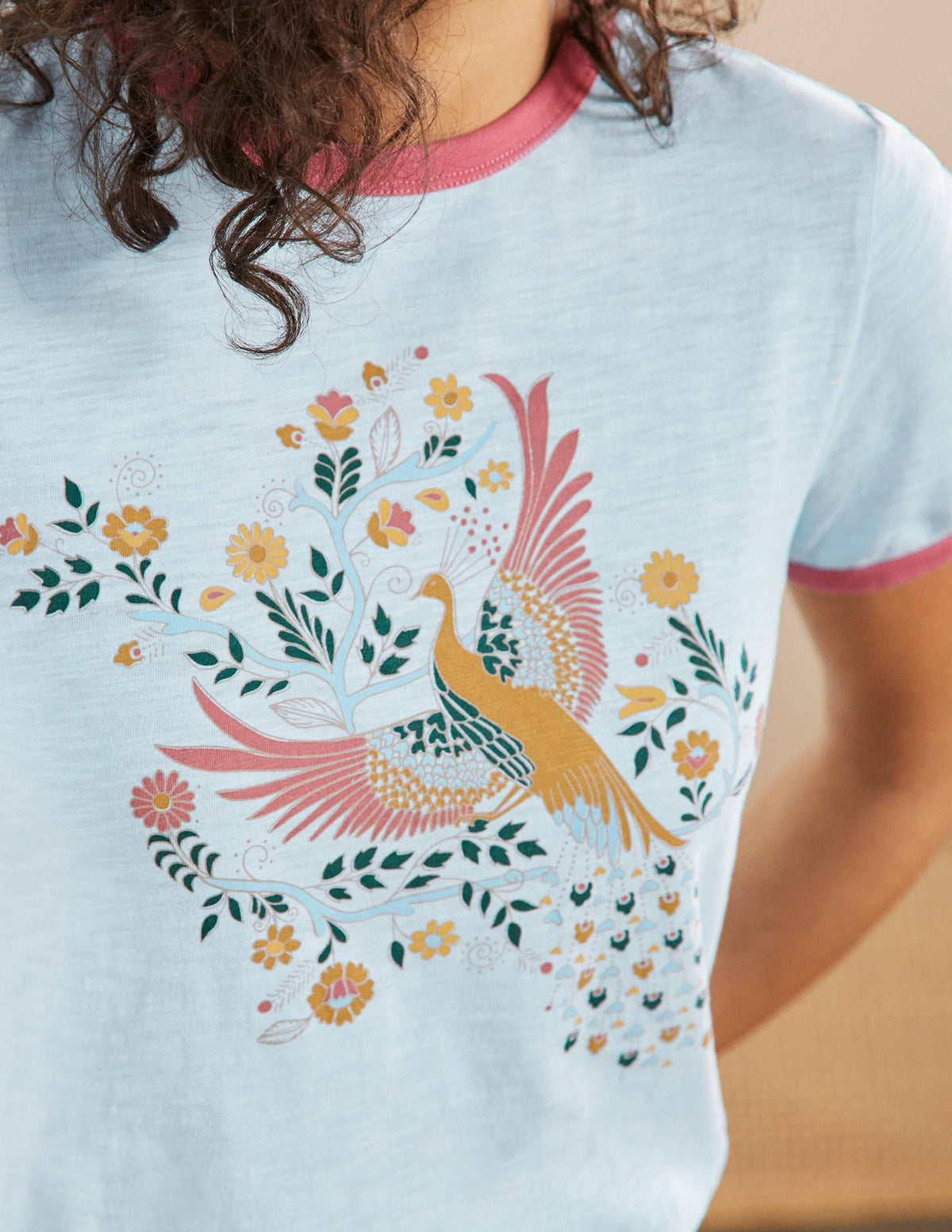 Contrast Rib Cotton T-Shirt-Blue, Enchanting Peacock - Image 2