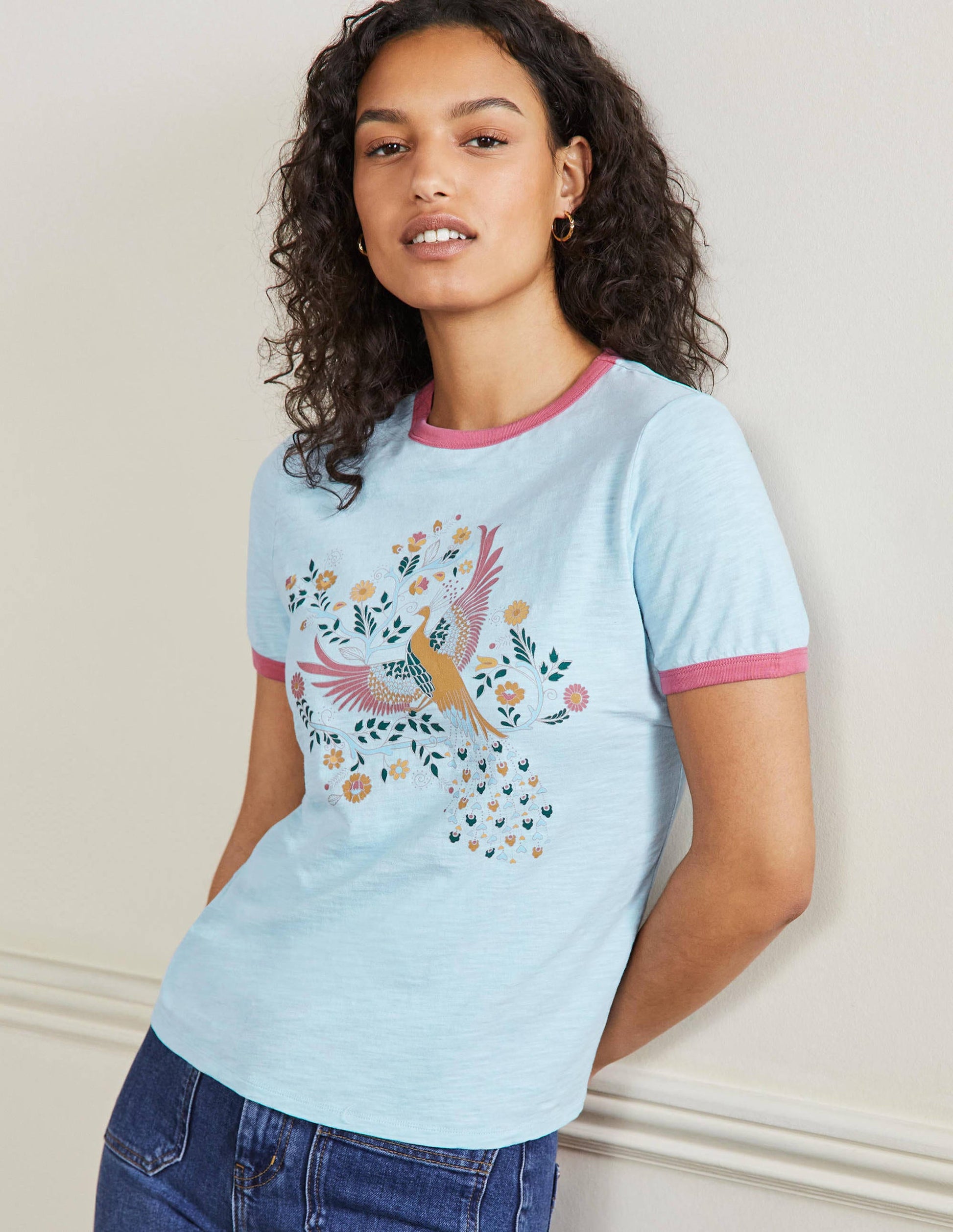 Contrast Rib Cotton T-Shirt-Blue, Enchanting Peacock-4