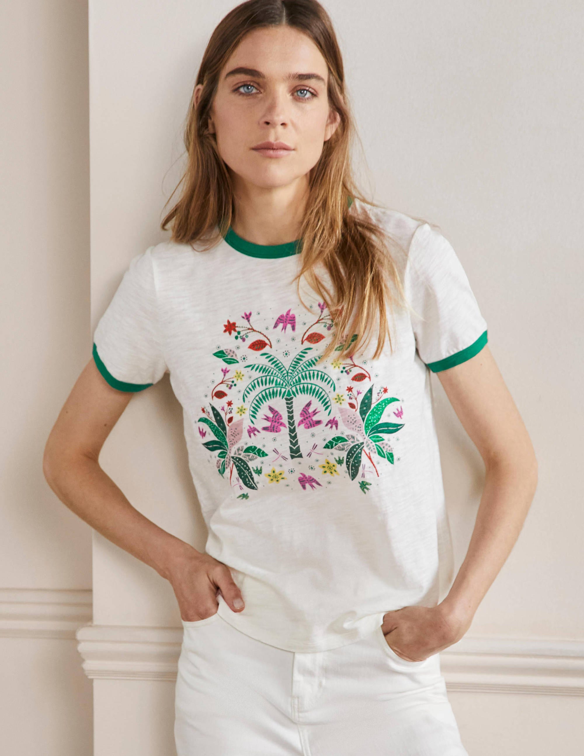 Contrast Rib Cotton T-Shirt-Ivory, Oriental Cascade - Image 1