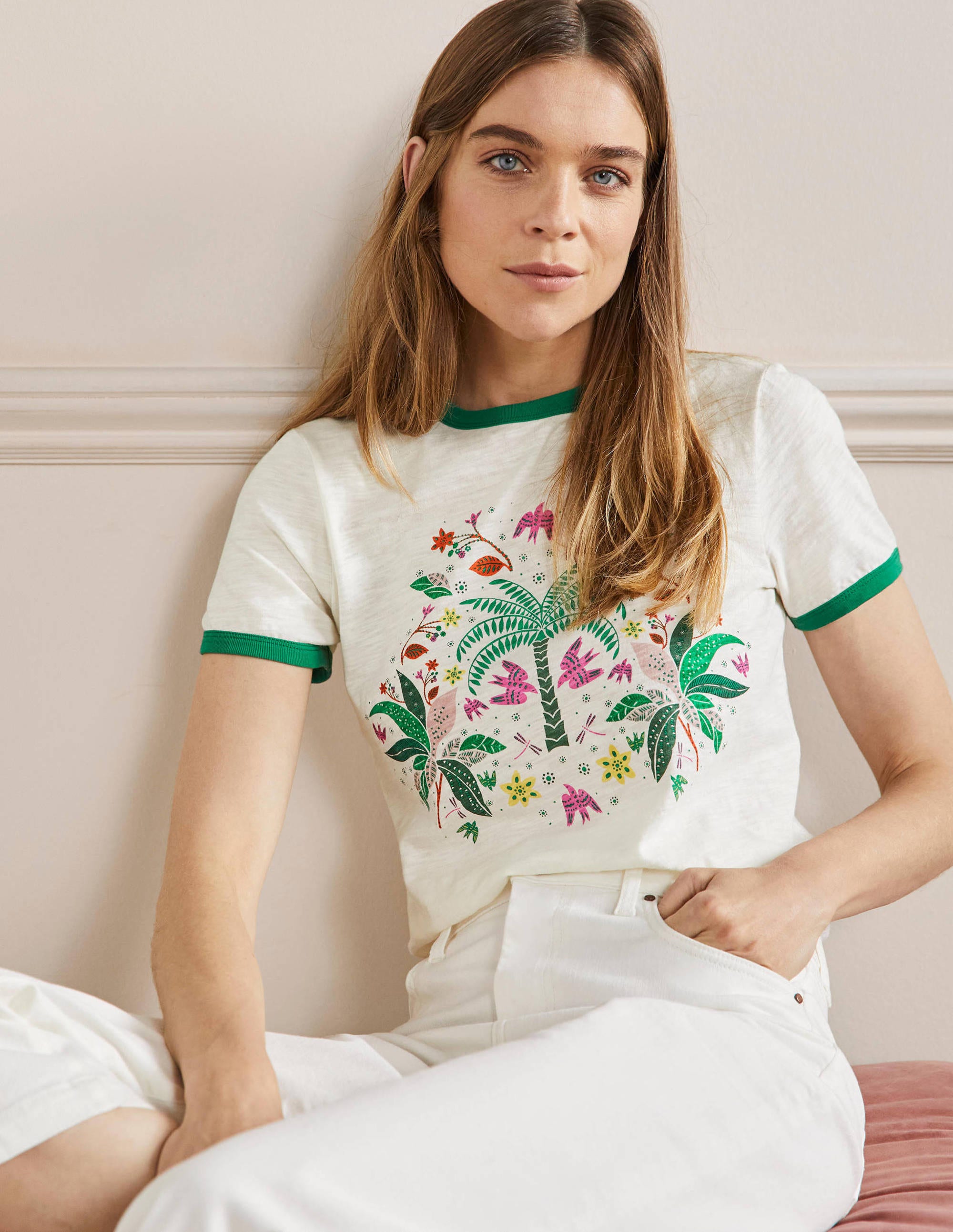 Contrast Rib Cotton T-Shirt-Ivory, Oriental Cascade - Image 5