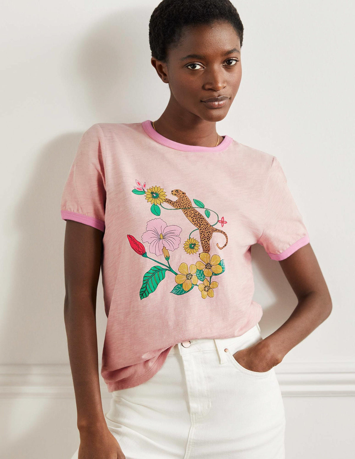 Contrast Rib Cotton T-Shirt-Milkshake, Exotic Paradise - Image 1