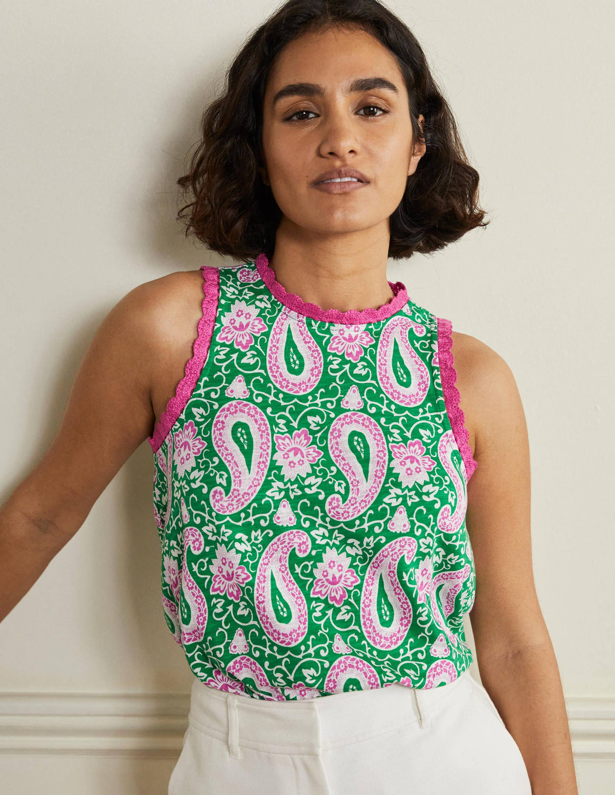 Stitch Detail Jersey Top-Emerald, Enchanting Paisley - Image 4