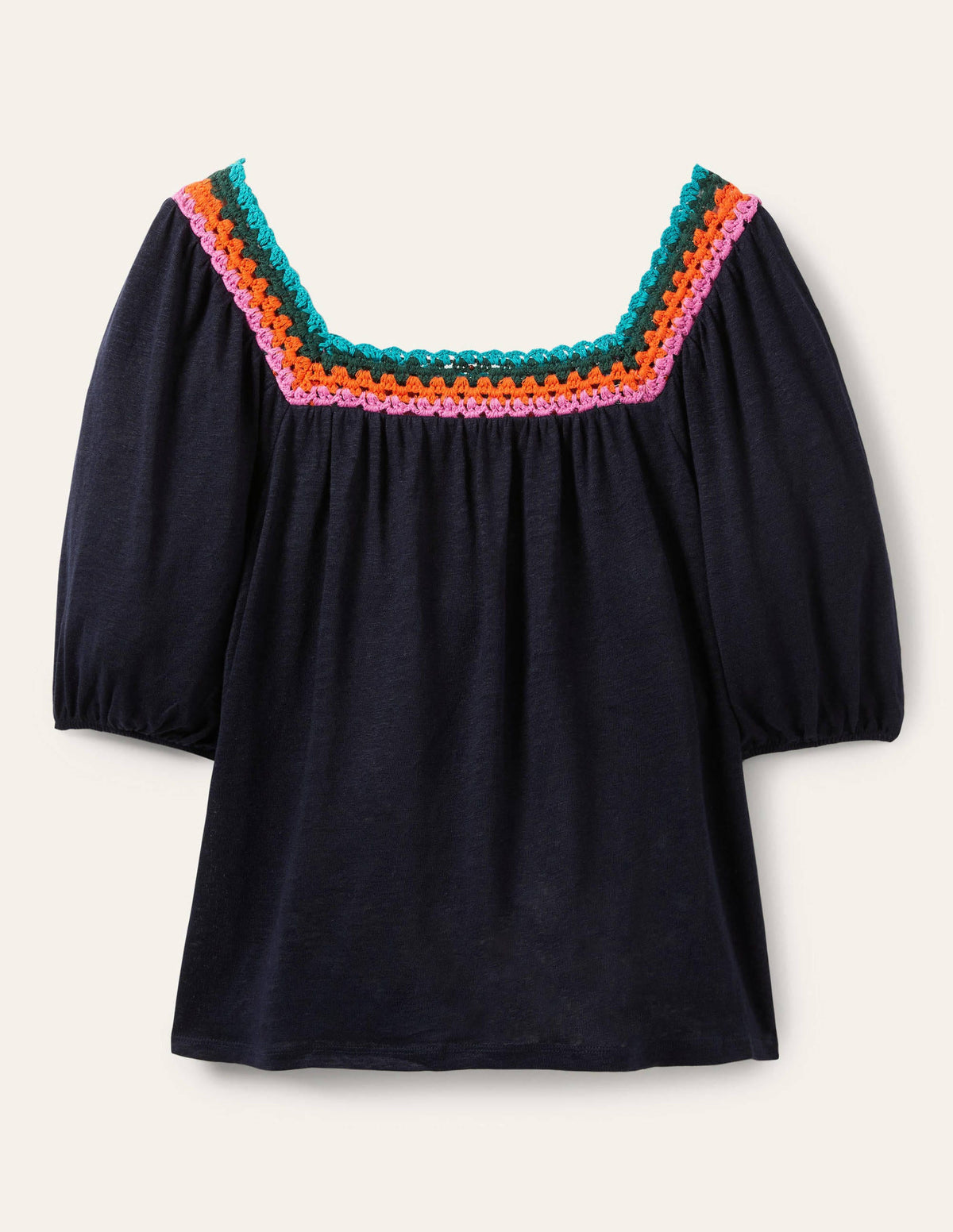 Crochet Trim Puff Sleeve Top-Navy - Image 5