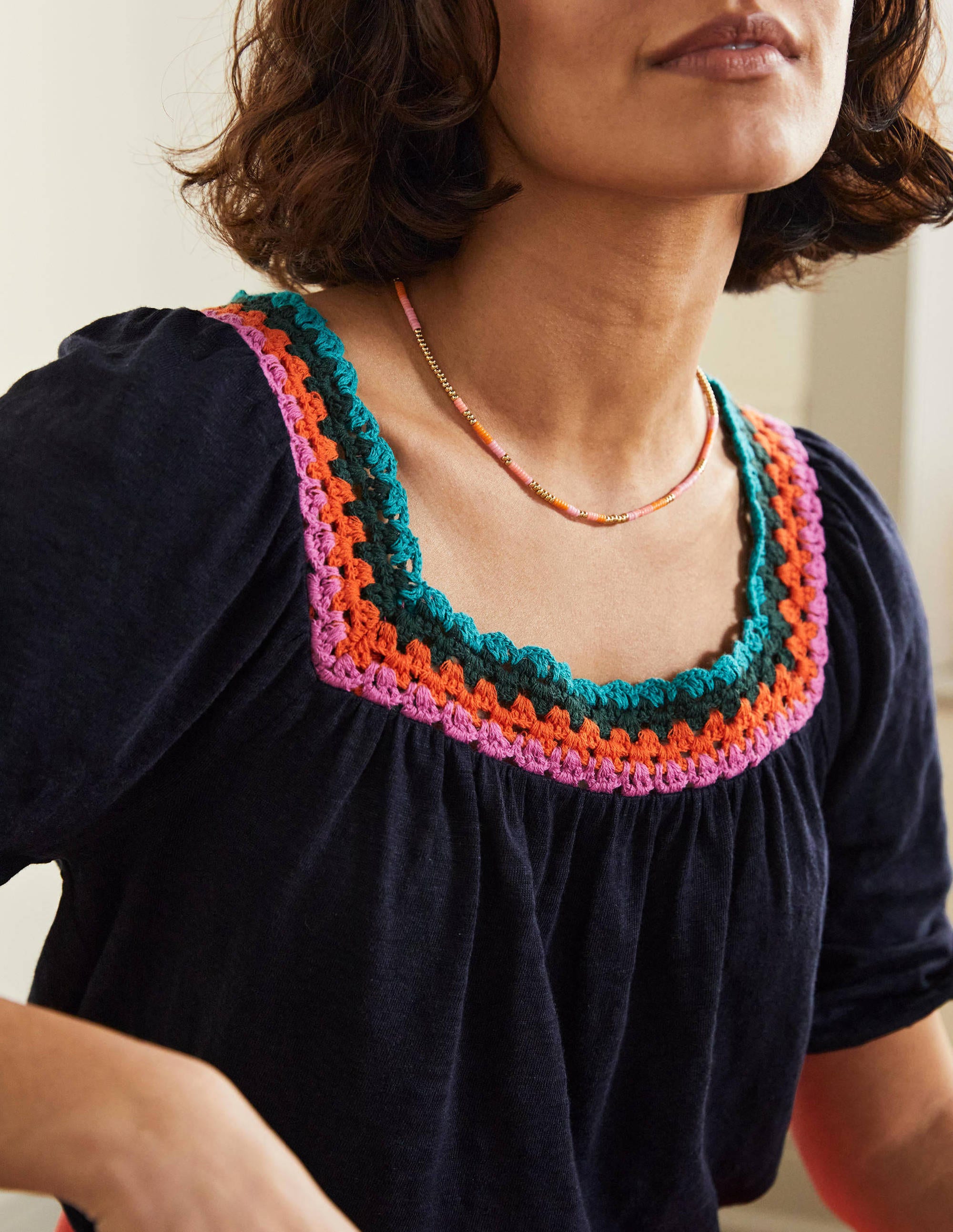 Crochet Trim Puff Sleeve Top-Navy - Image 2