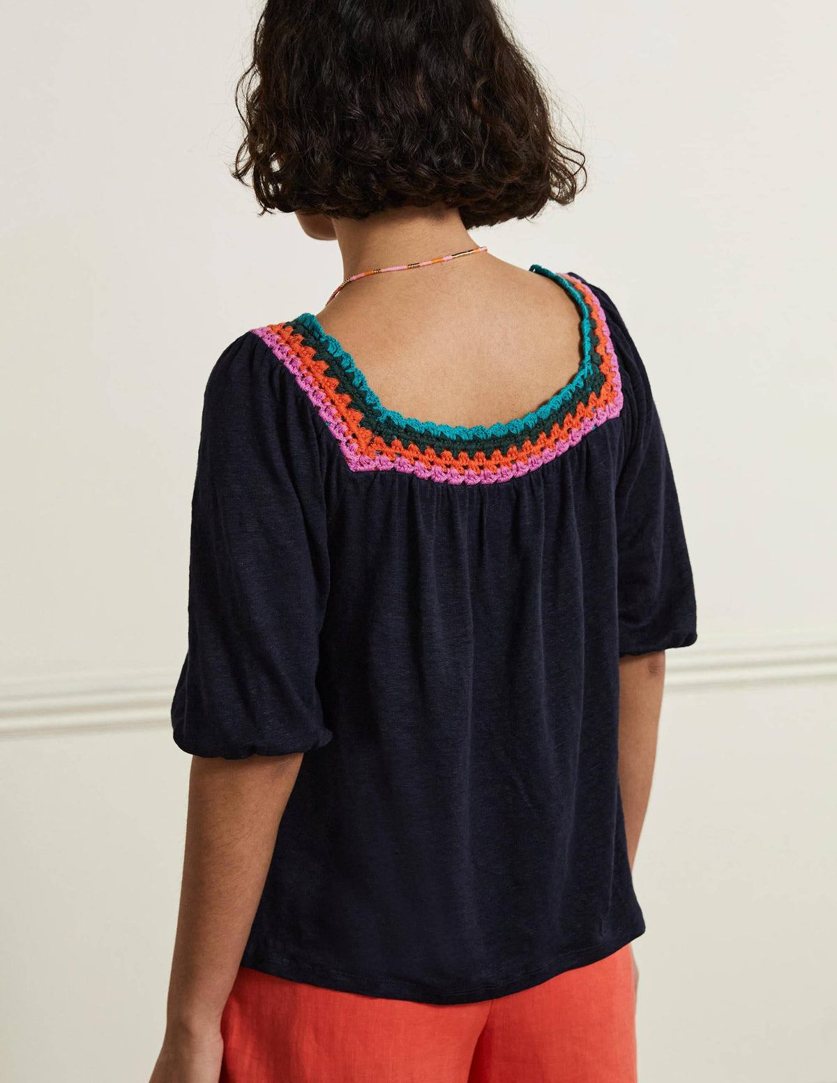 Crochet Trim Puff Sleeve Top-Navy - Image 3