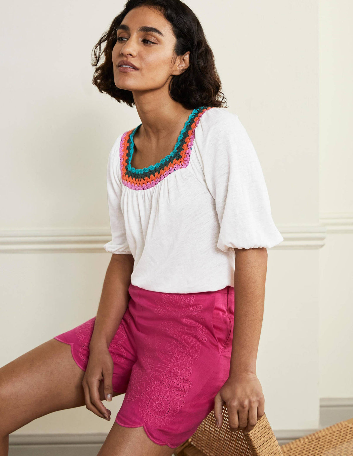Crochet Trim Puff Sleeve Top-White-1