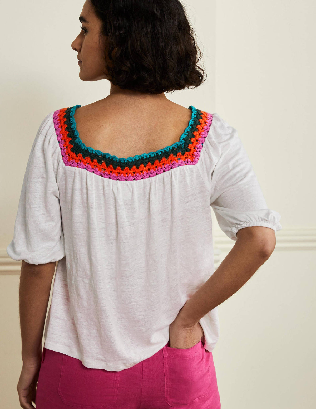 Crochet Trim Puff Sleeve Top-White-3