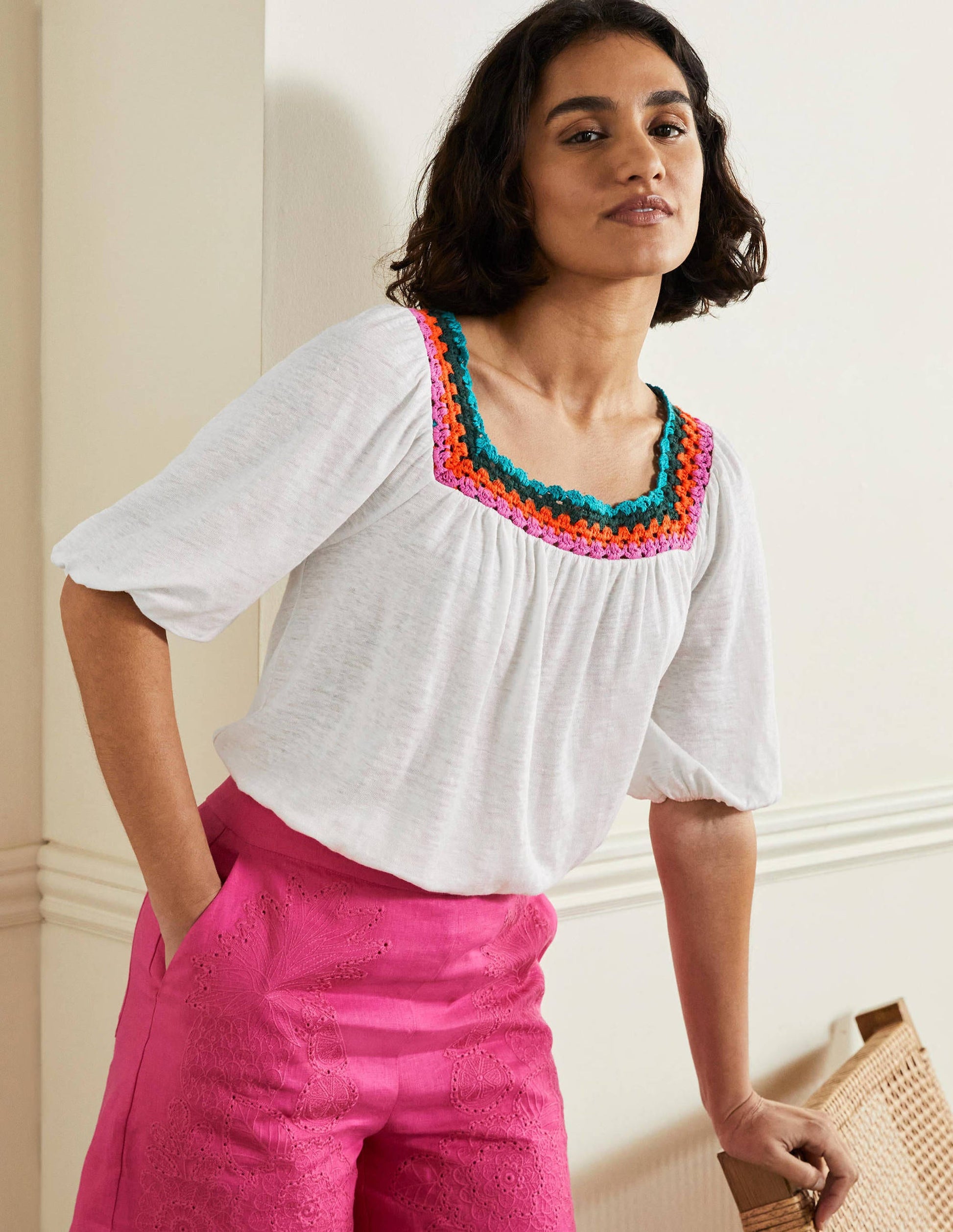 Crochet Trim Puff Sleeve Top-White-4