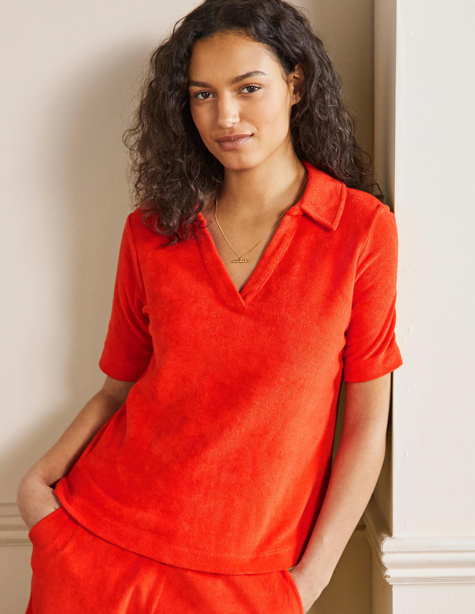 Erica Towelling Polo Top-Bright Papaya - Image 1