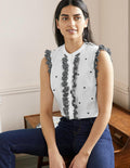 Sleeveless Embroidered Shirt-White, Black Broderie