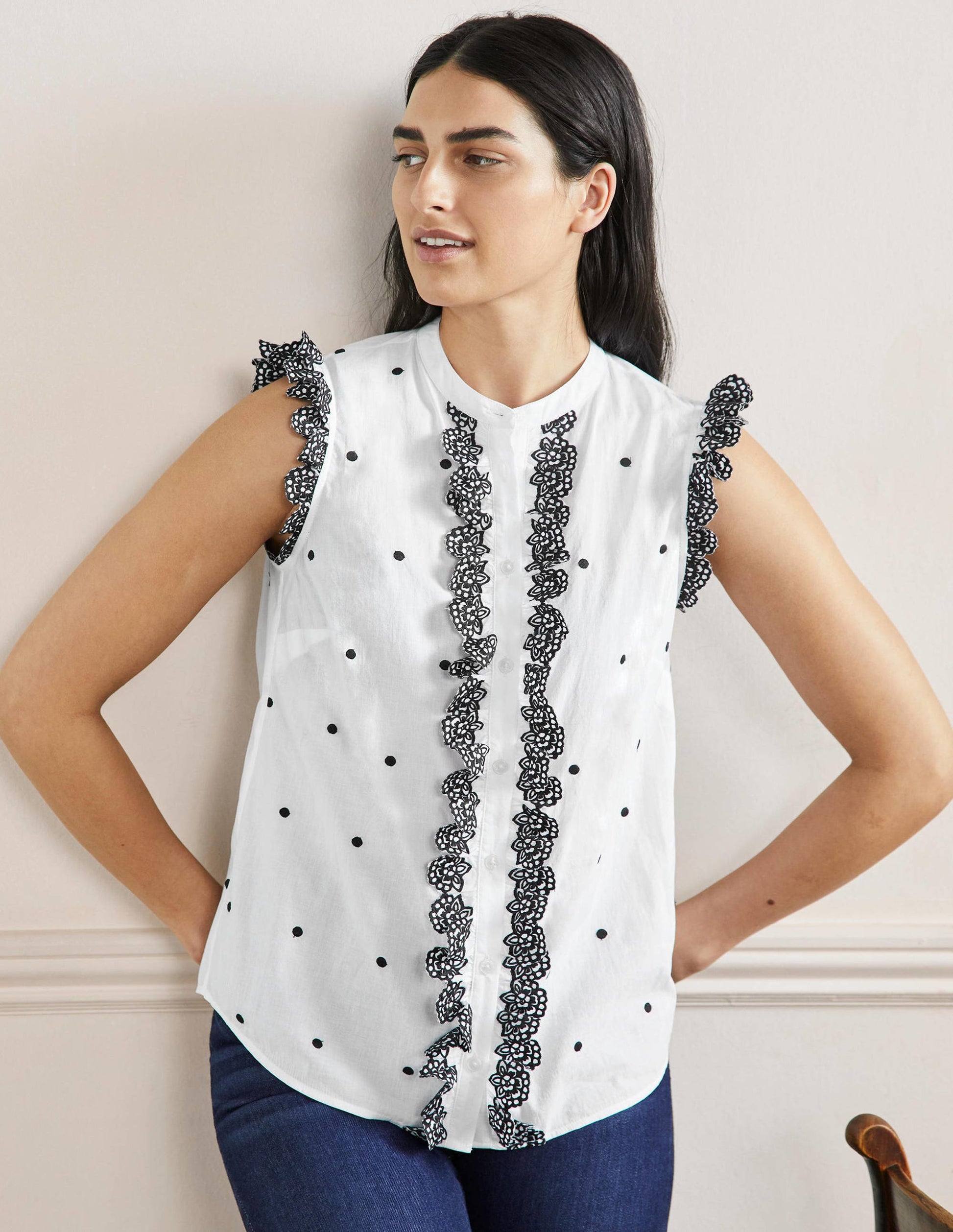 Sleeveless Embroidered Shirt-White, Black Broderie-4