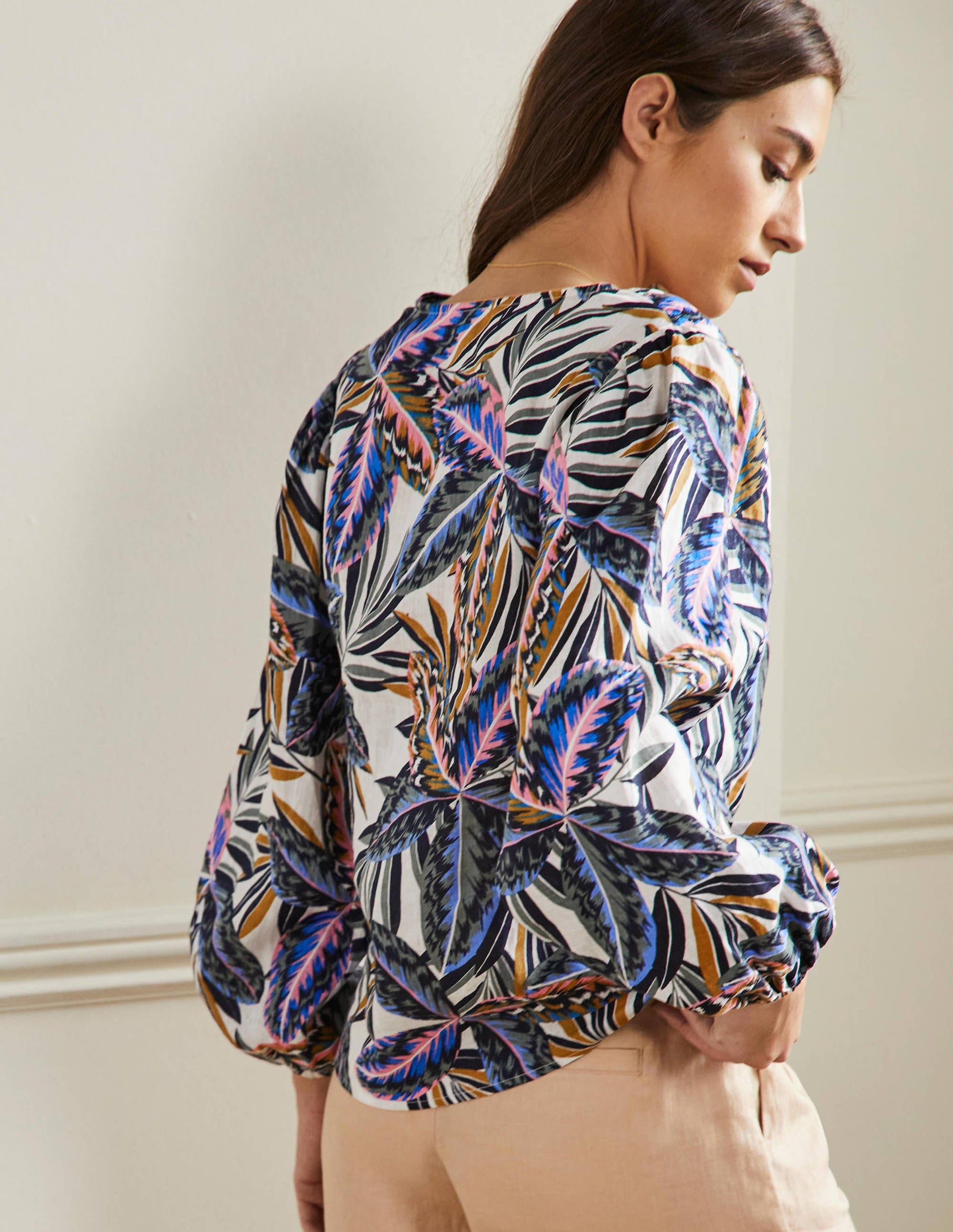 V-Neck Linen Top-Multi, Exotic Leaves-3