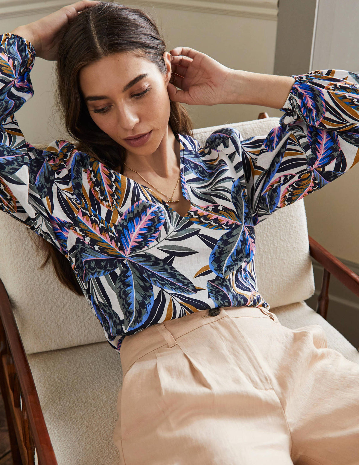 V-Neck Linen Top-Multi, Exotic Leaves-4