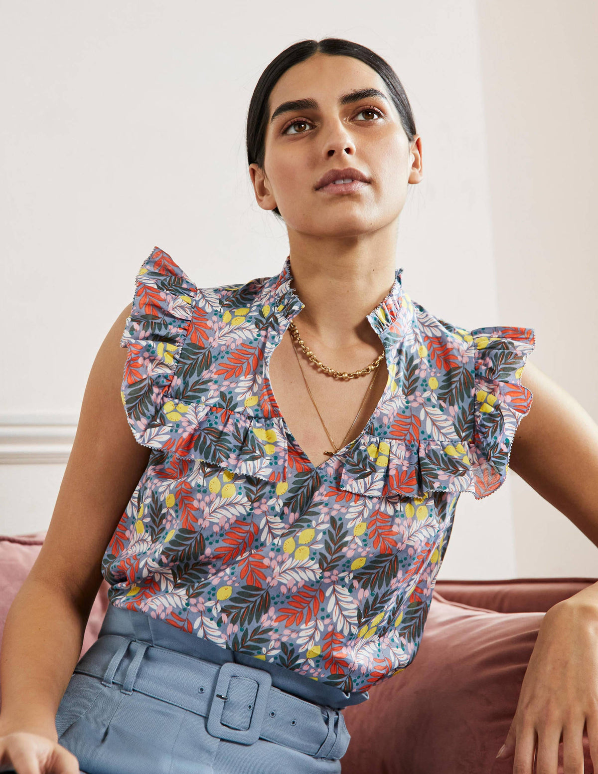 Sleeveless Ruffle Top-Mountain Spring, Lemon Foliage - Image 1