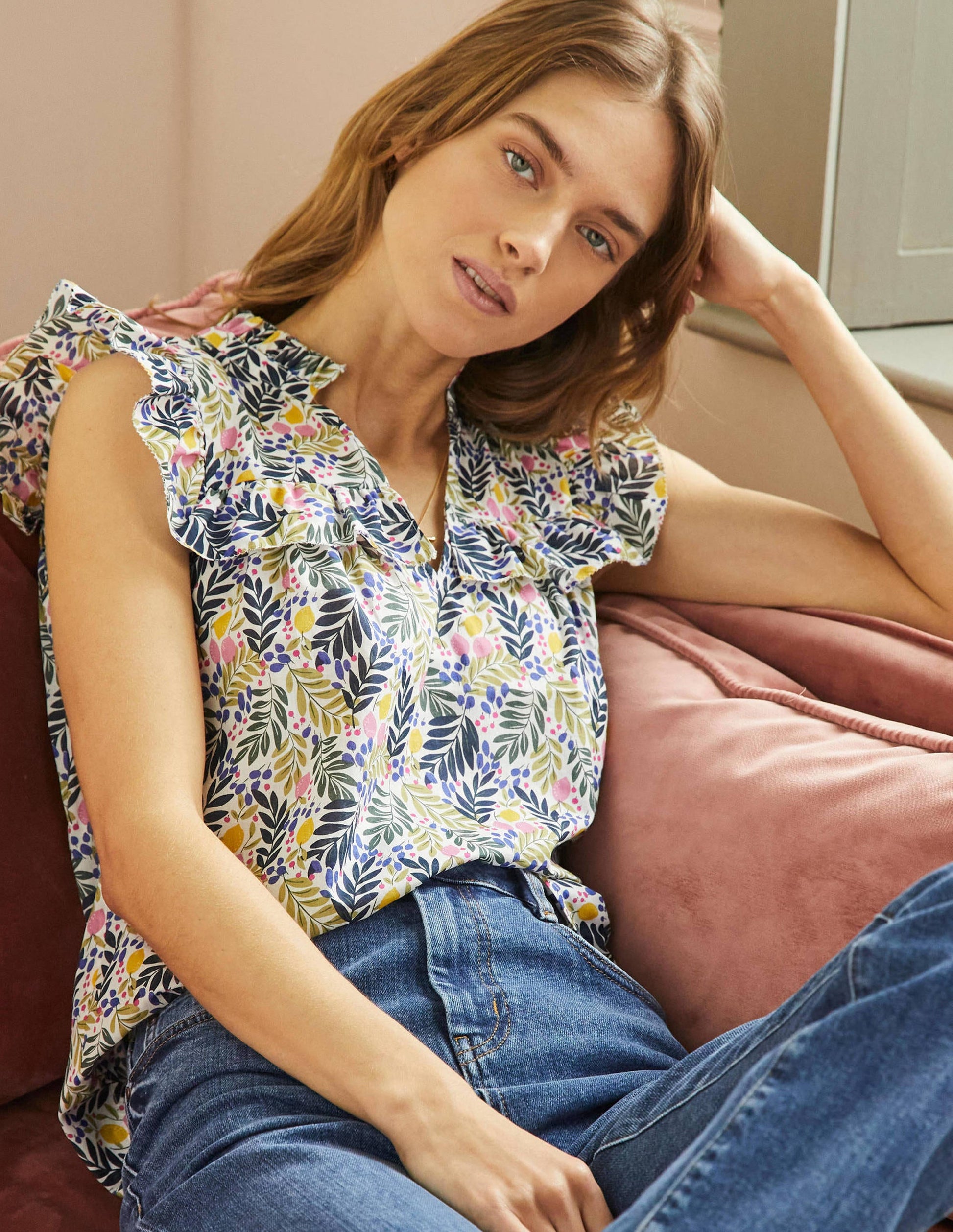 Sleeveless Ruffle Top-Multi, Lemon Foliage-1