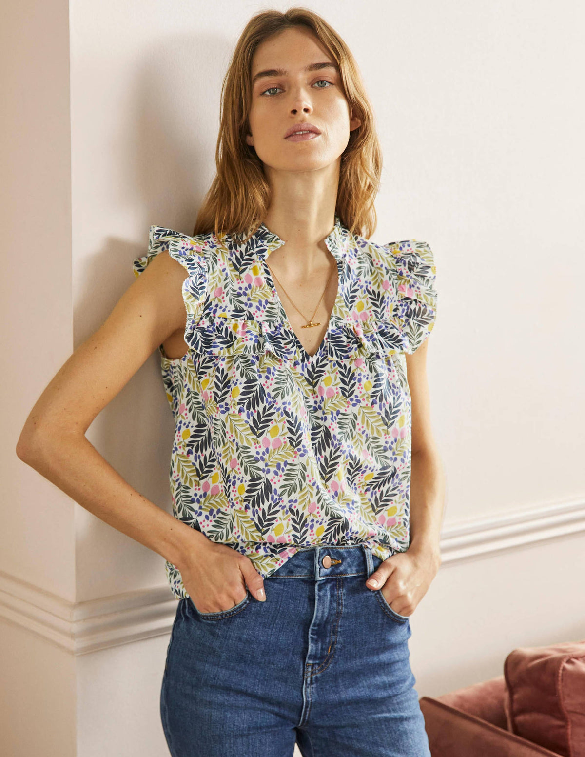 Sleeveless Ruffle Top-Multi, Lemon Foliage - Image 4