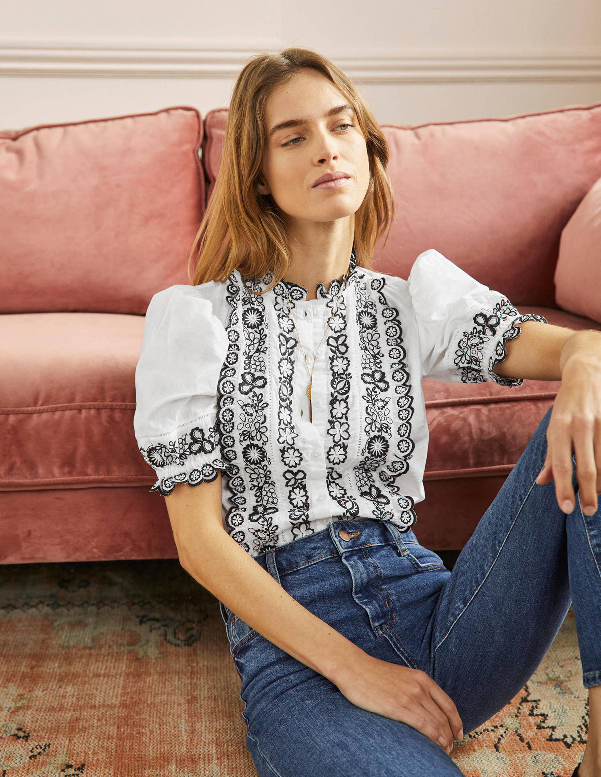 Embroidered Short Sleeve Shirt-White-1
