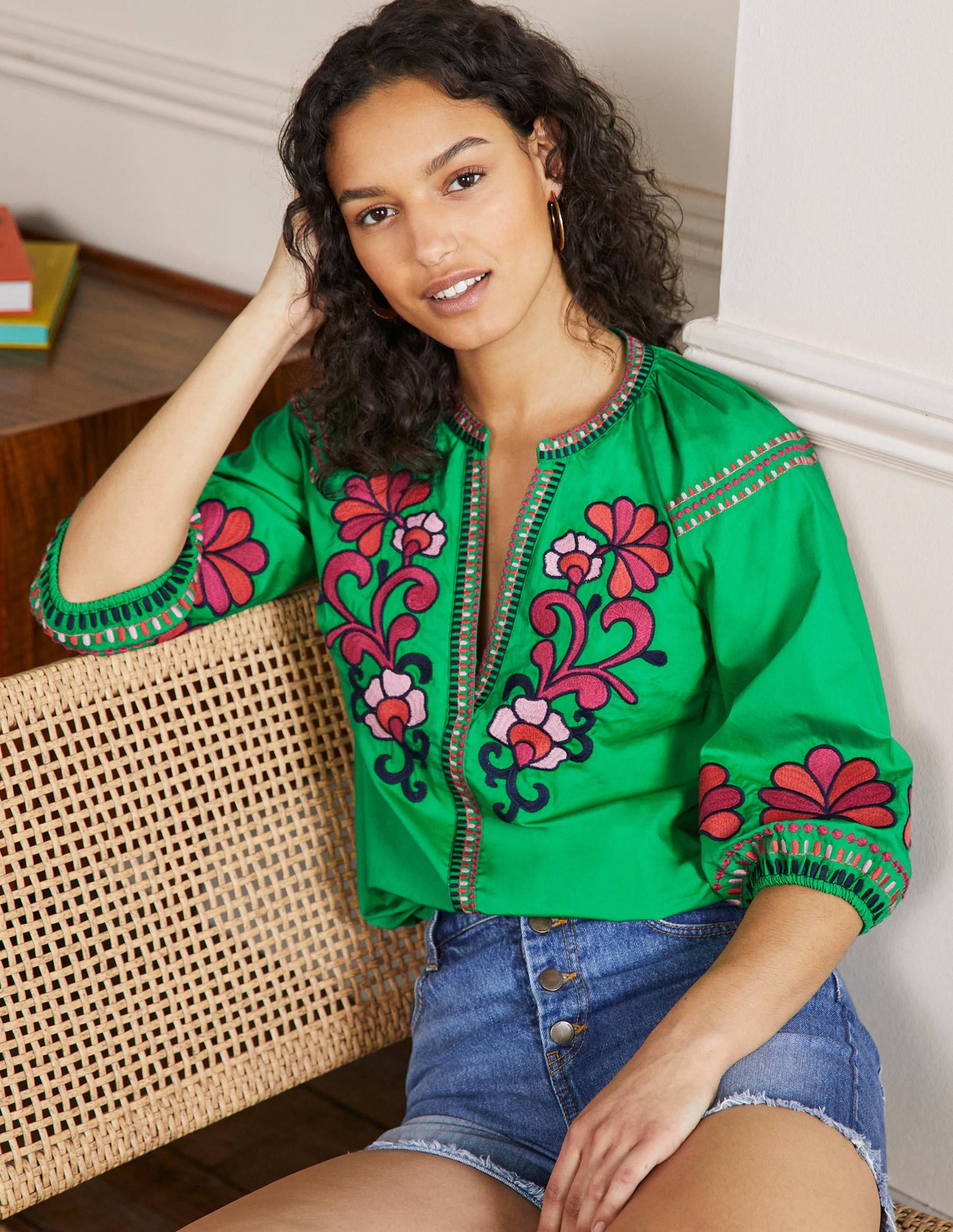 Louise Mid Sleeve Popover-Rich Emerald-1