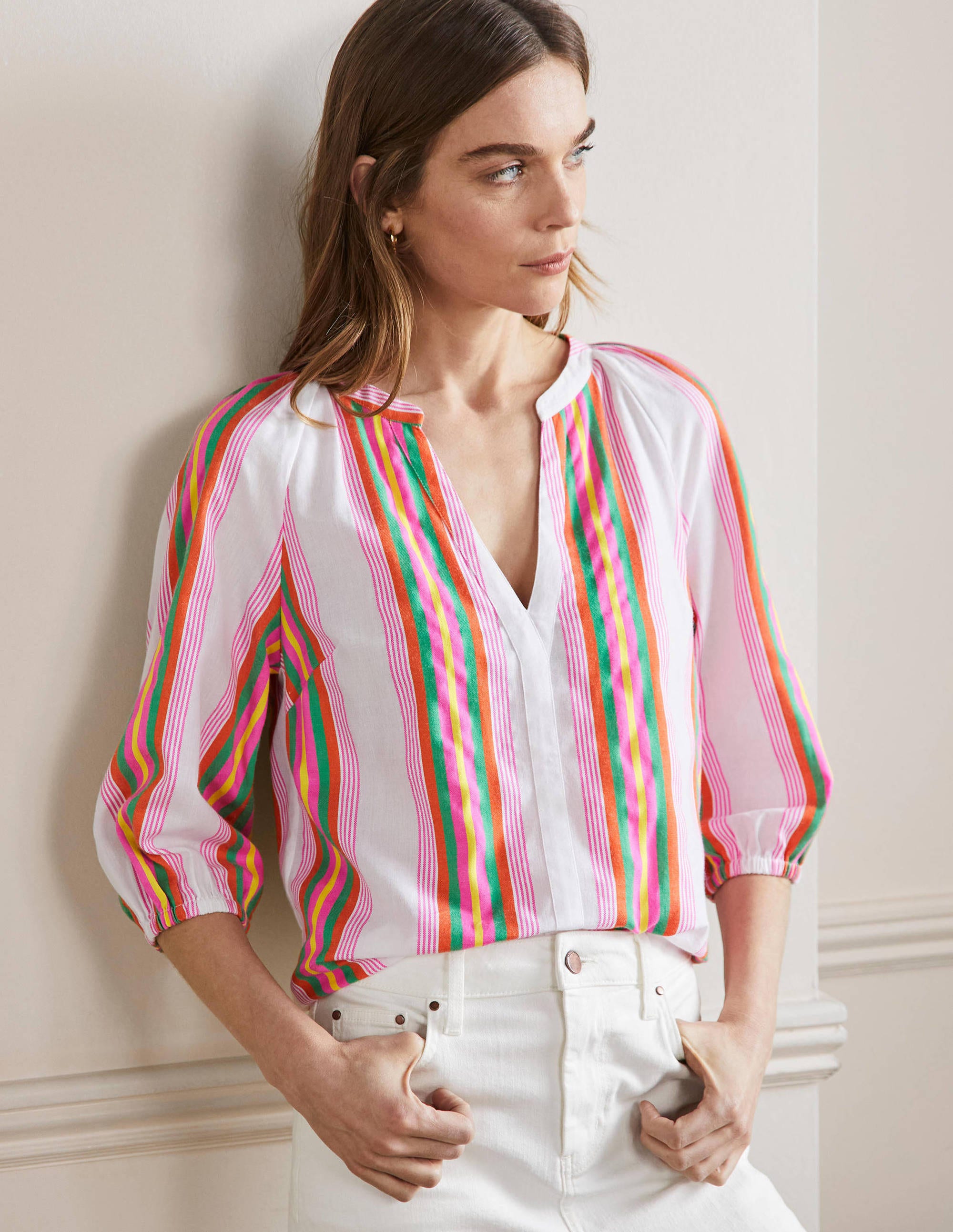 Louise Mid Sleeve Popover-Tropical Woven Rainbow Stripe - Image 1