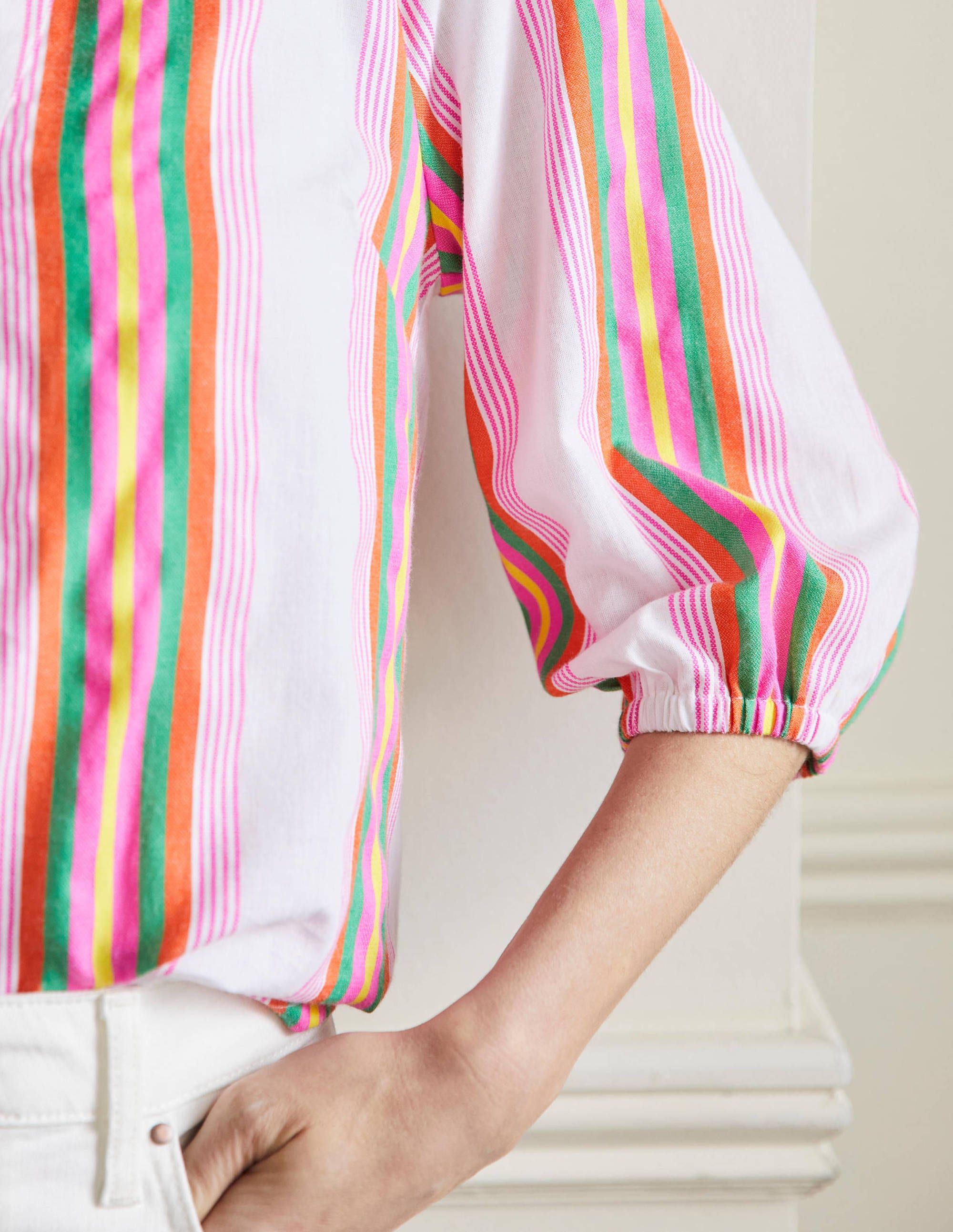 Louise Mid Sleeve Popover-Tropical Woven Rainbow Stripe - Image 5