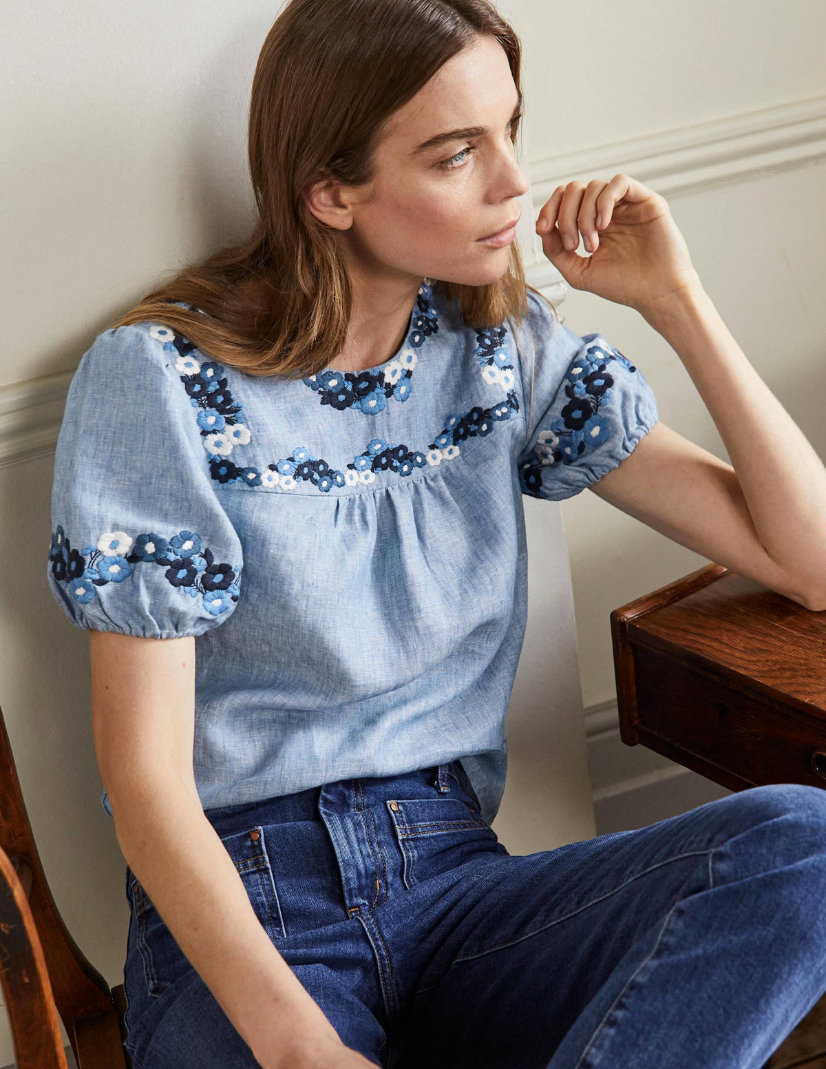 Embroidered Linen Top-Chambray-1