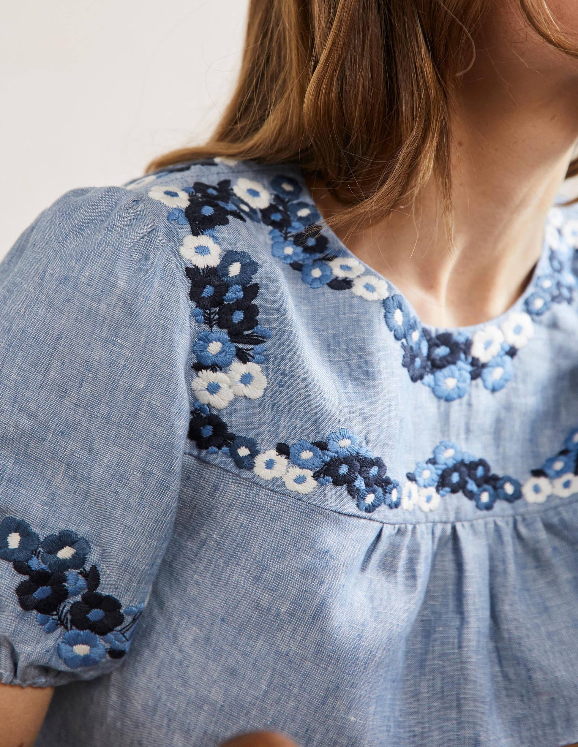 Embroidered Linen Top-Chambray-2