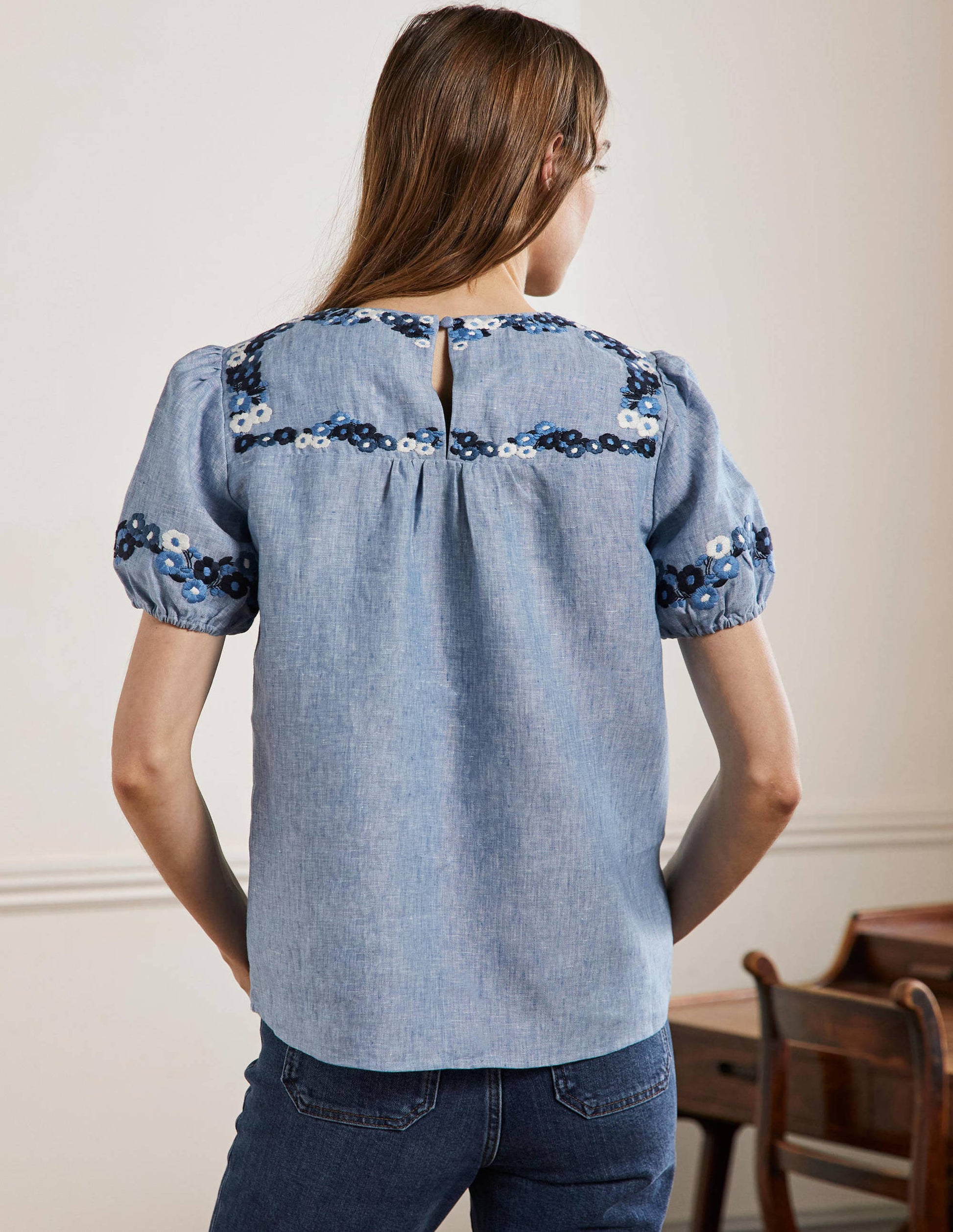 Embroidered Linen Top-Chambray-3