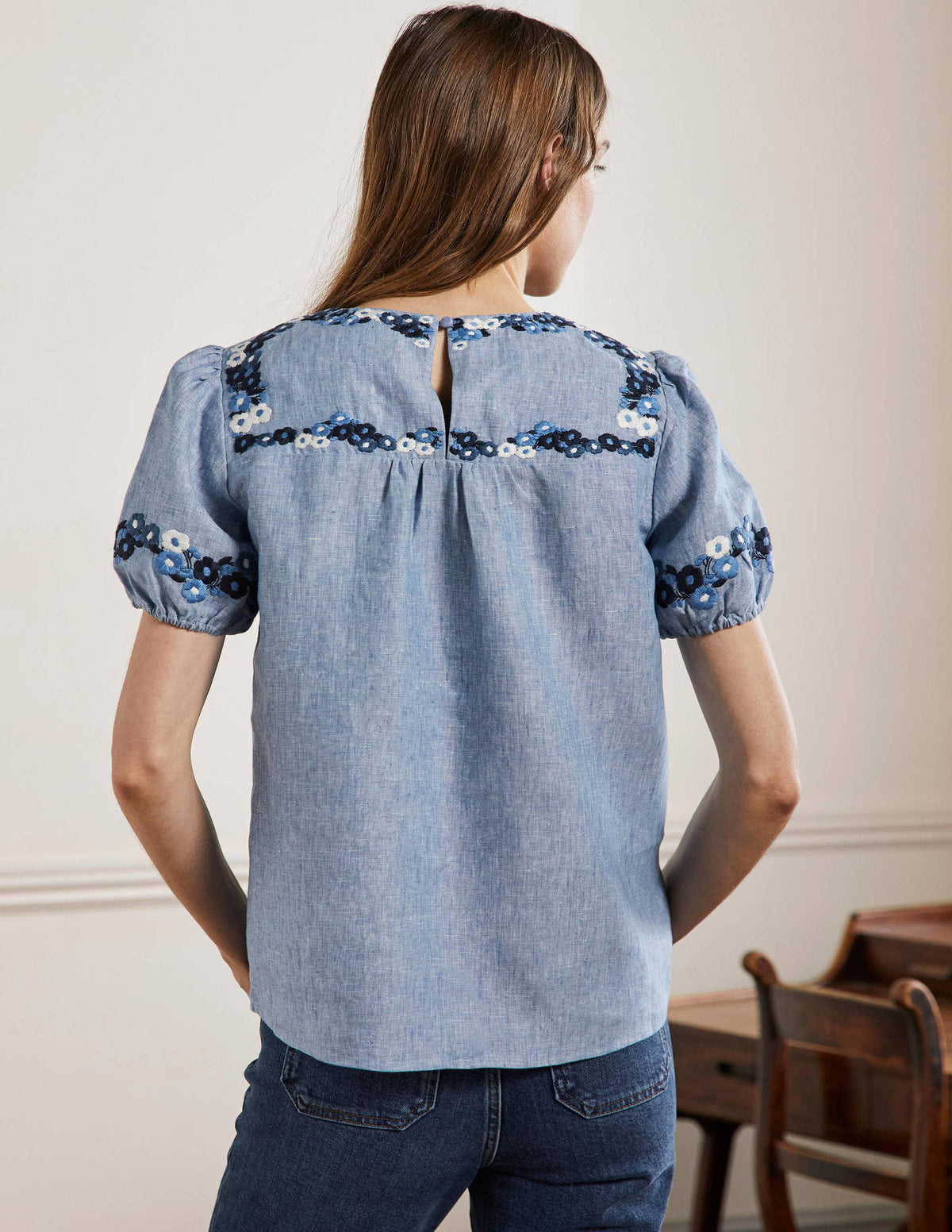 Embroidered Linen Top-Chambray - Image 3