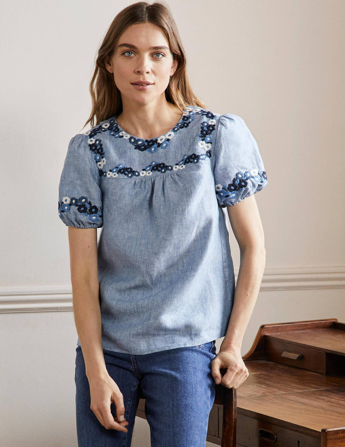Embroidered Linen Top-Chambray-4