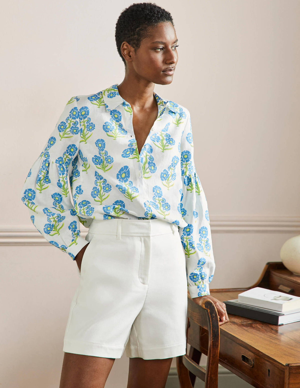 Anna Blouson Linen Shirt-Molly Mahon Flower Woodblock - Image 8
