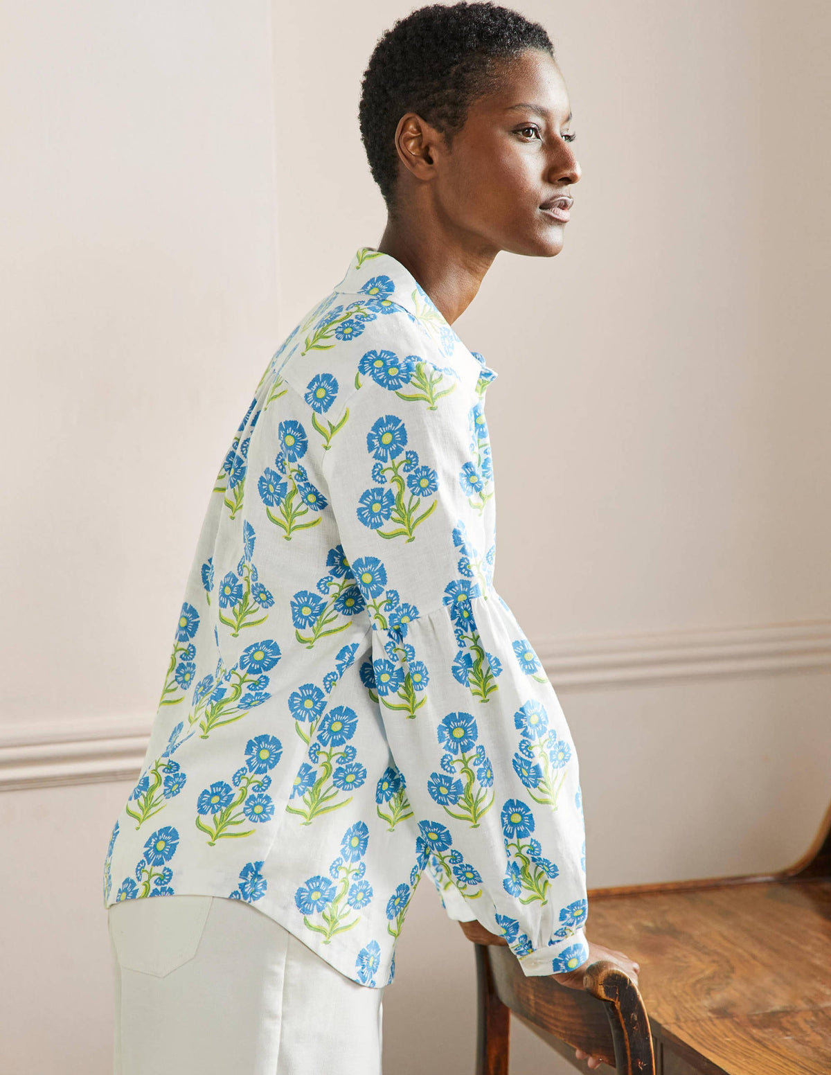 Anna Blouson Linen Shirt-Molly Mahon Flower Woodblock - Image 9