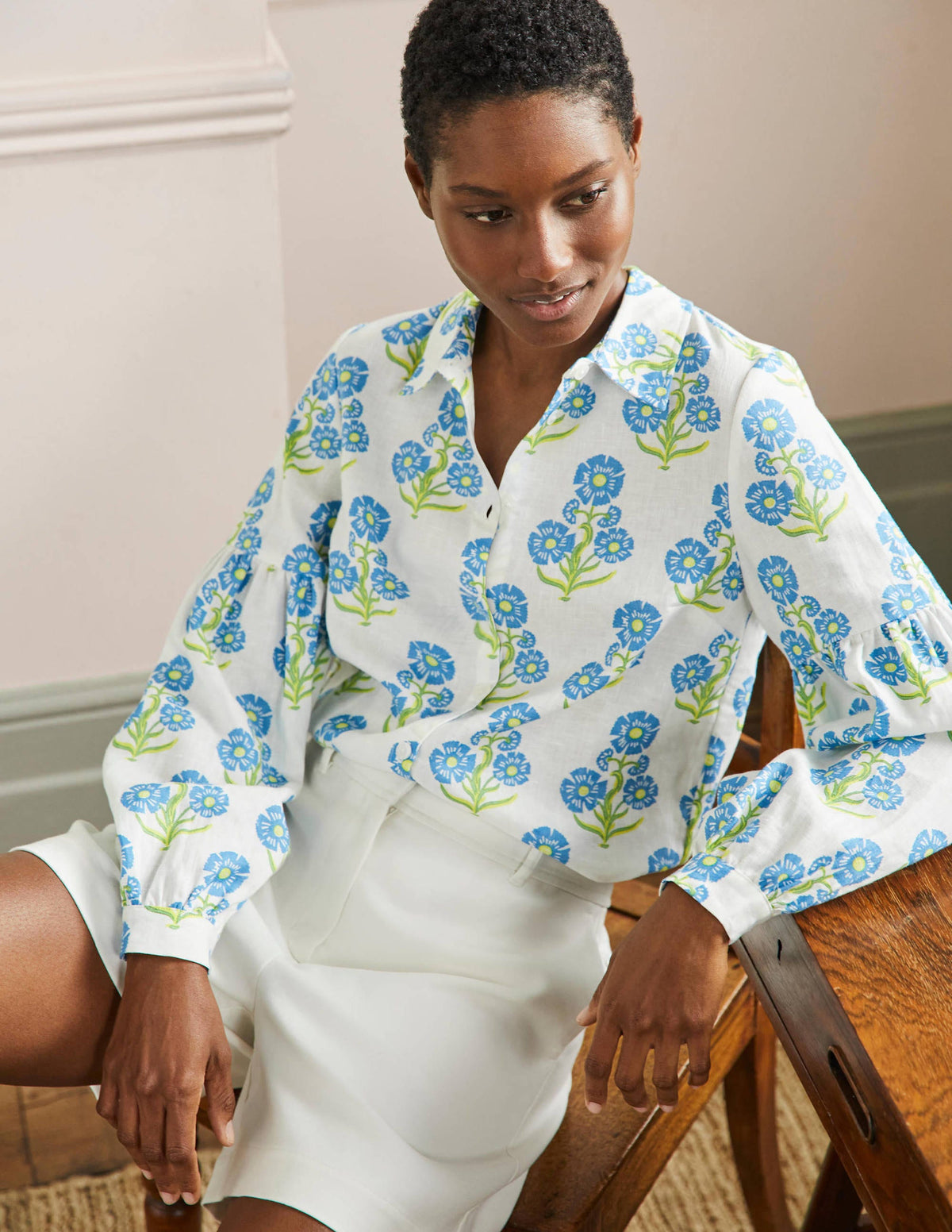 Anna Blouson Linen Shirt-Molly Mahon Flower Woodblock - Image 1