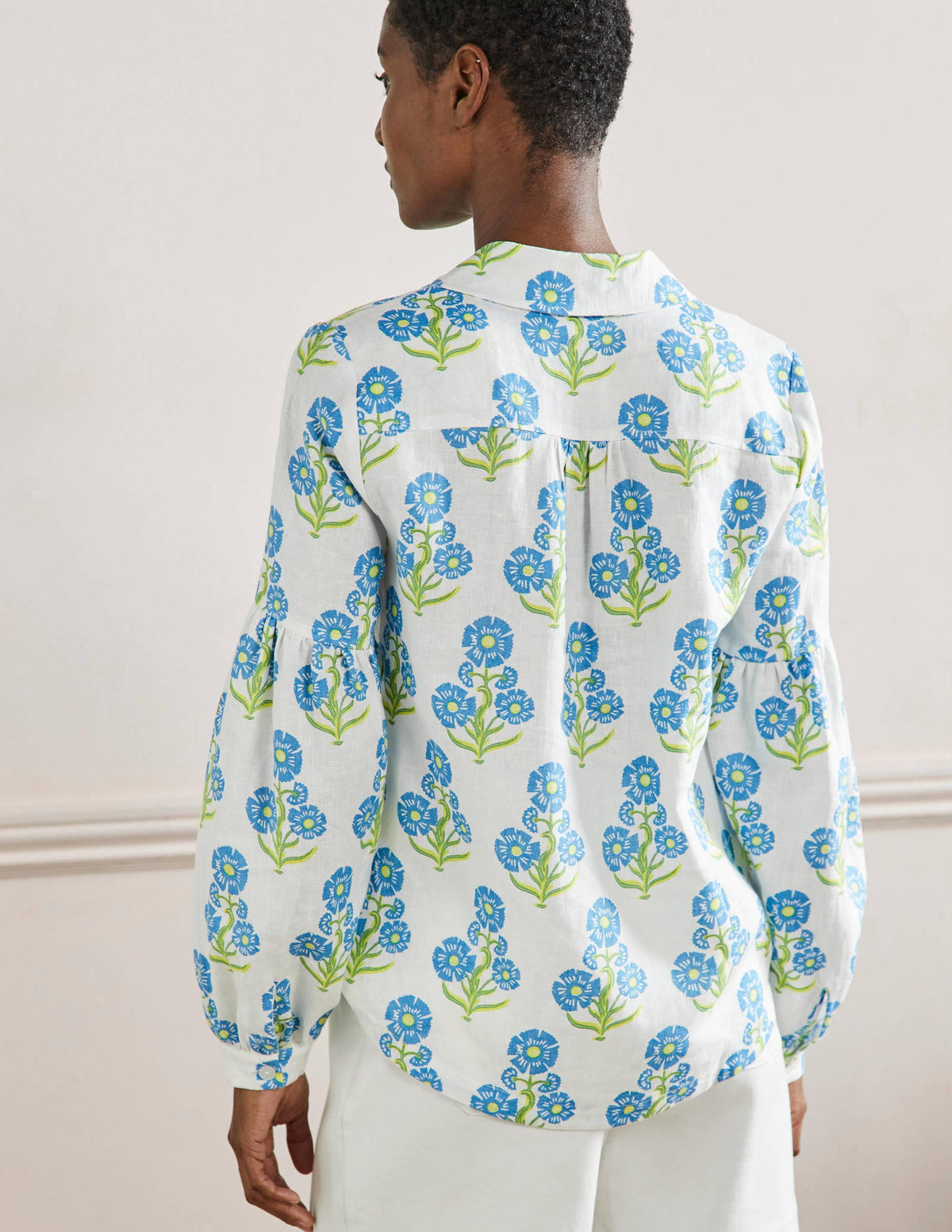 Anna Blouson Linen Shirt-Molly Mahon Flower Woodblock - Image 3