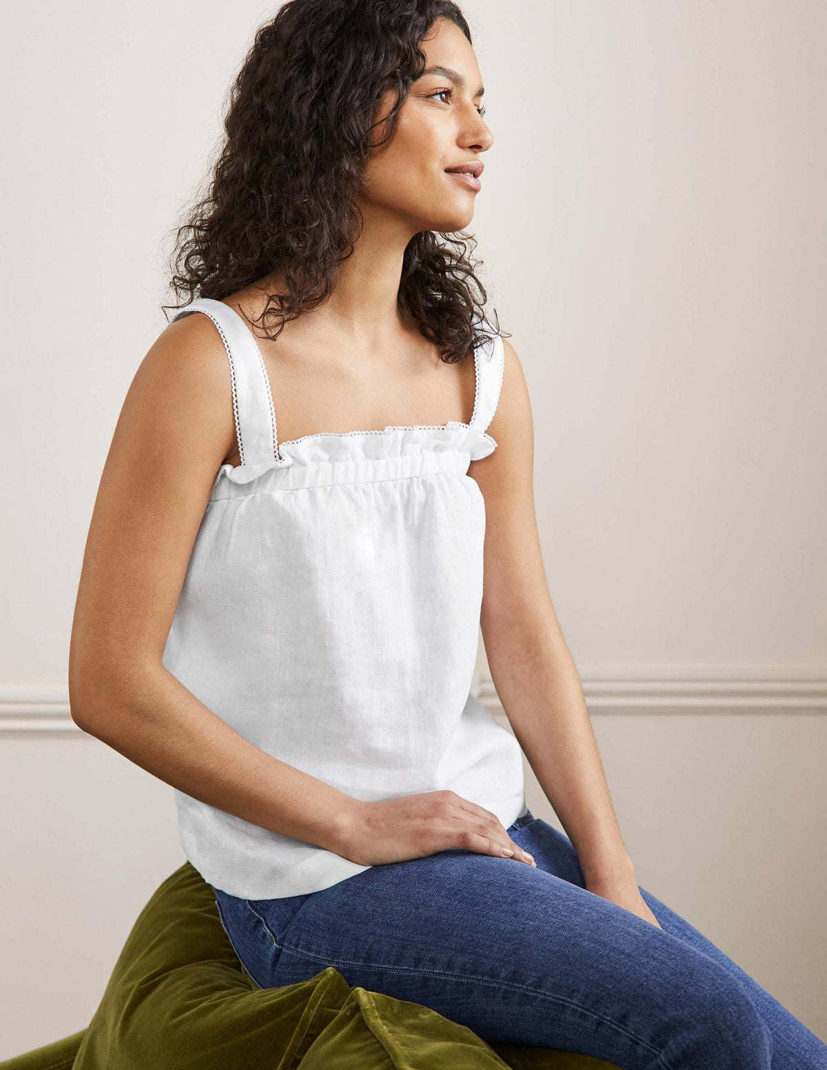 Ruffle Detail Linen Top-White-4