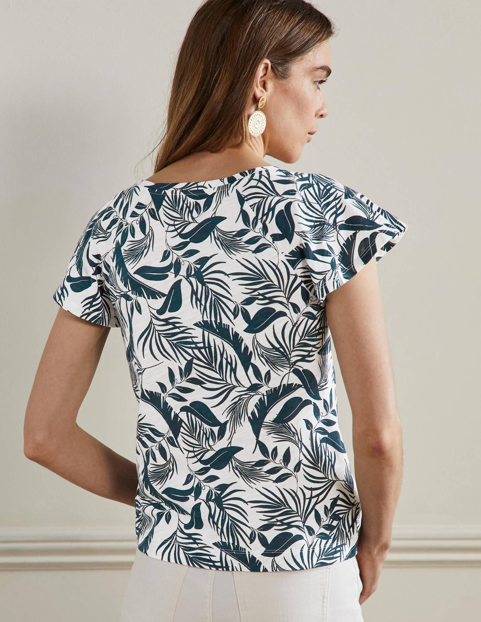 Scoop Flutter Sleeve T-Shirt-Ivory and Pink, Paradise Palm - Image 3