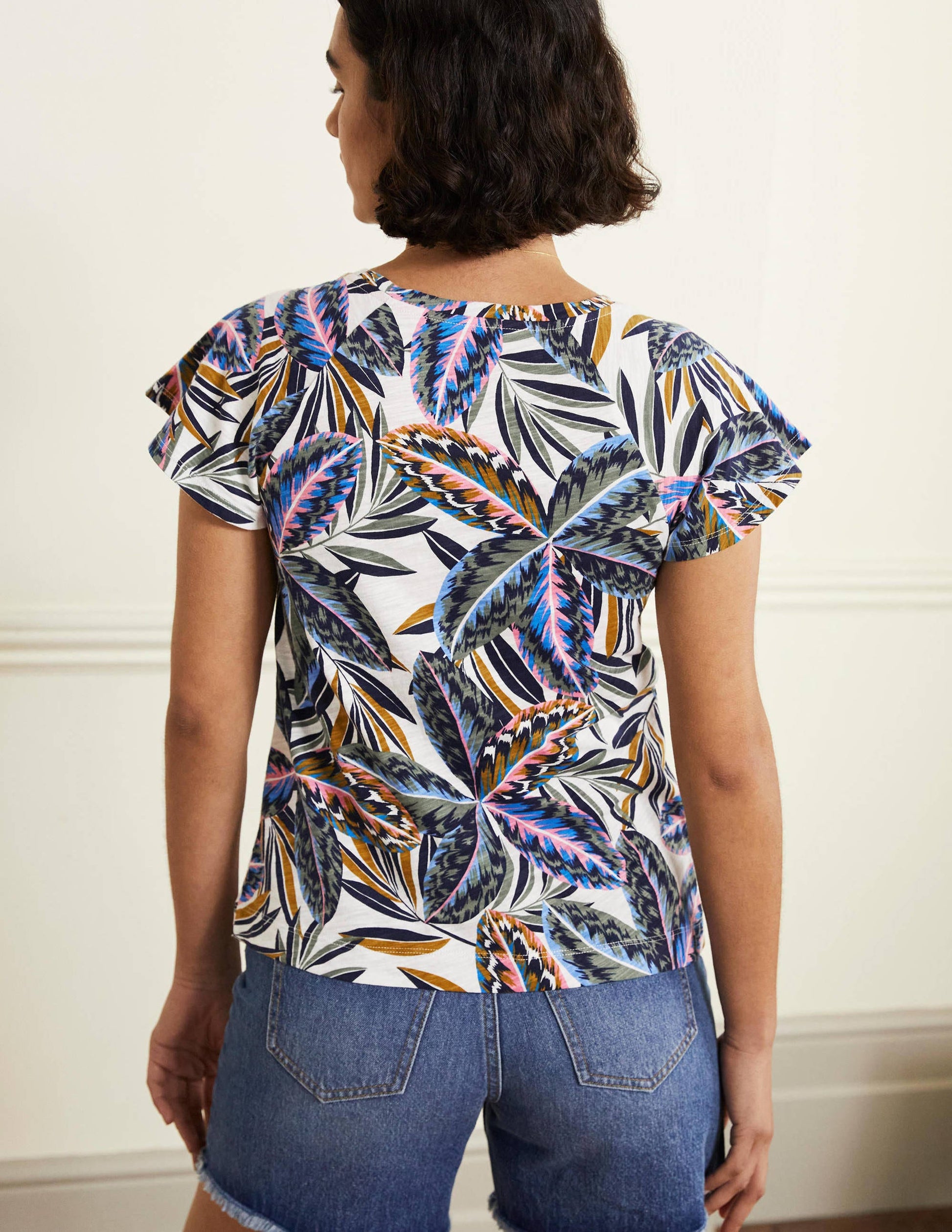 Scoop Flutter Sleeve T-Shirt-Multi, Exotic Leaves-3