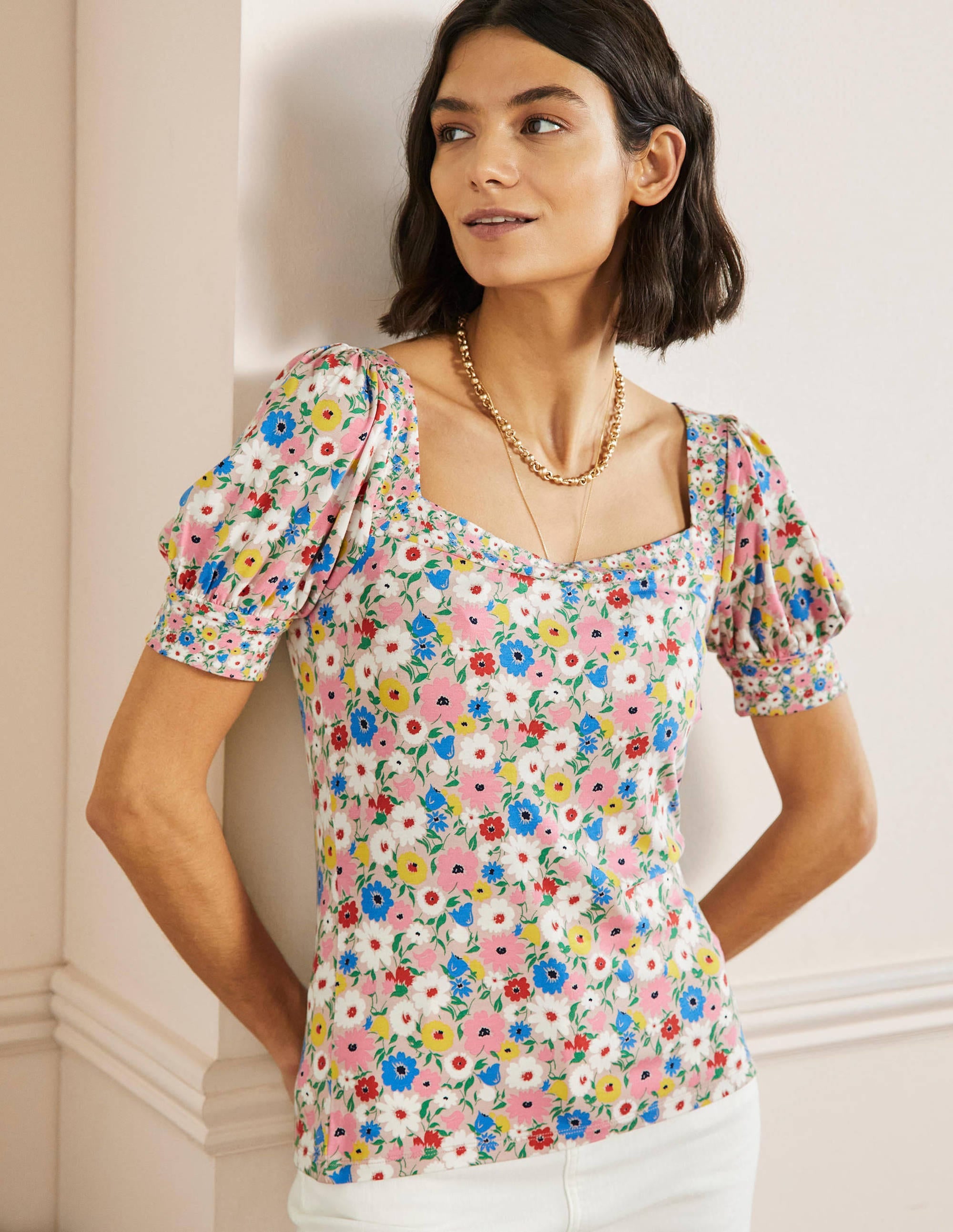 Eva Square Neck Jersey Top-Milkshake, Elegant Bloom - Image 4