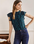 High Neck Sleeveless Top-Black, Lemon Foliage