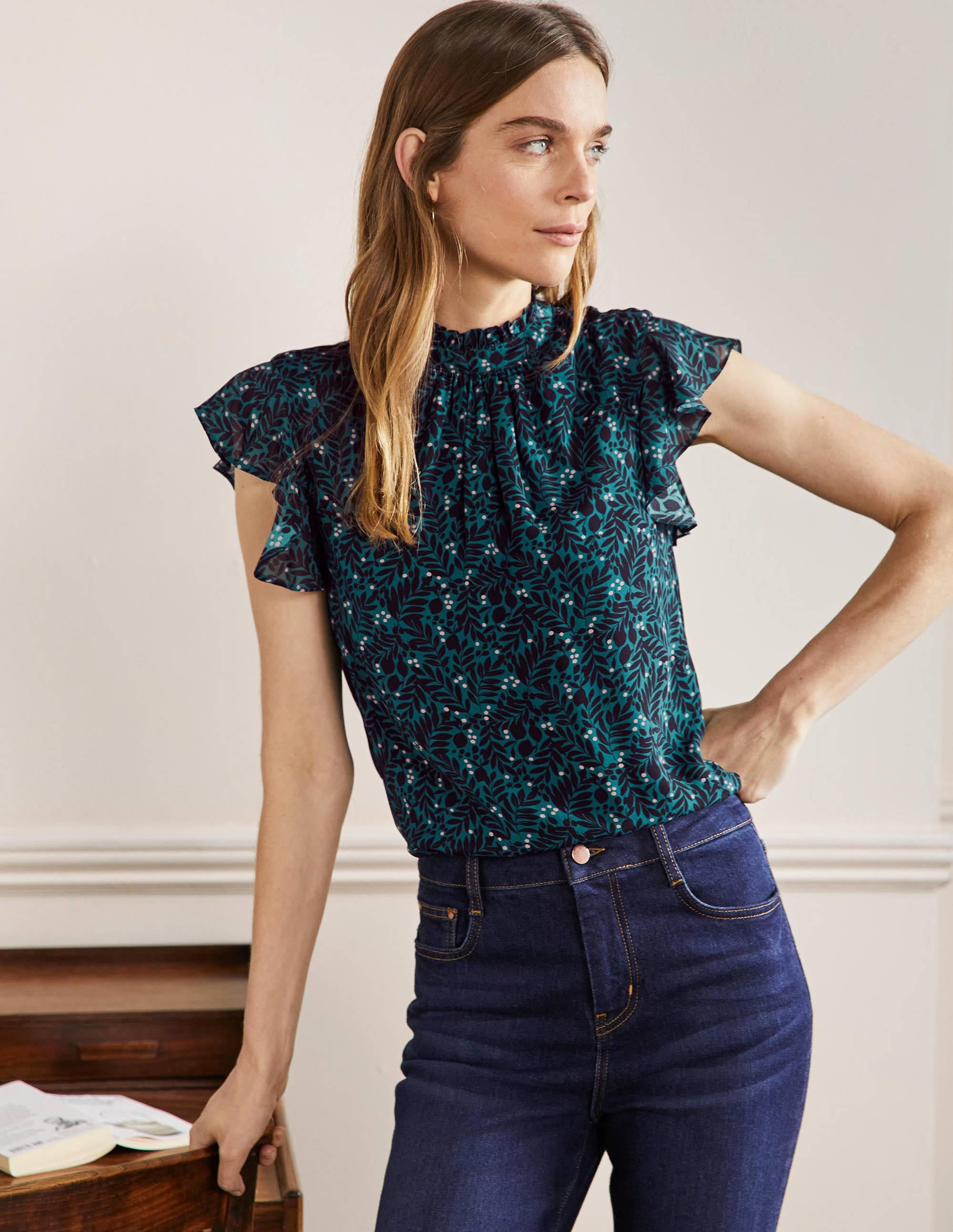 High Neck Sleeveless Top-Black, Lemon Foliage - Image 1