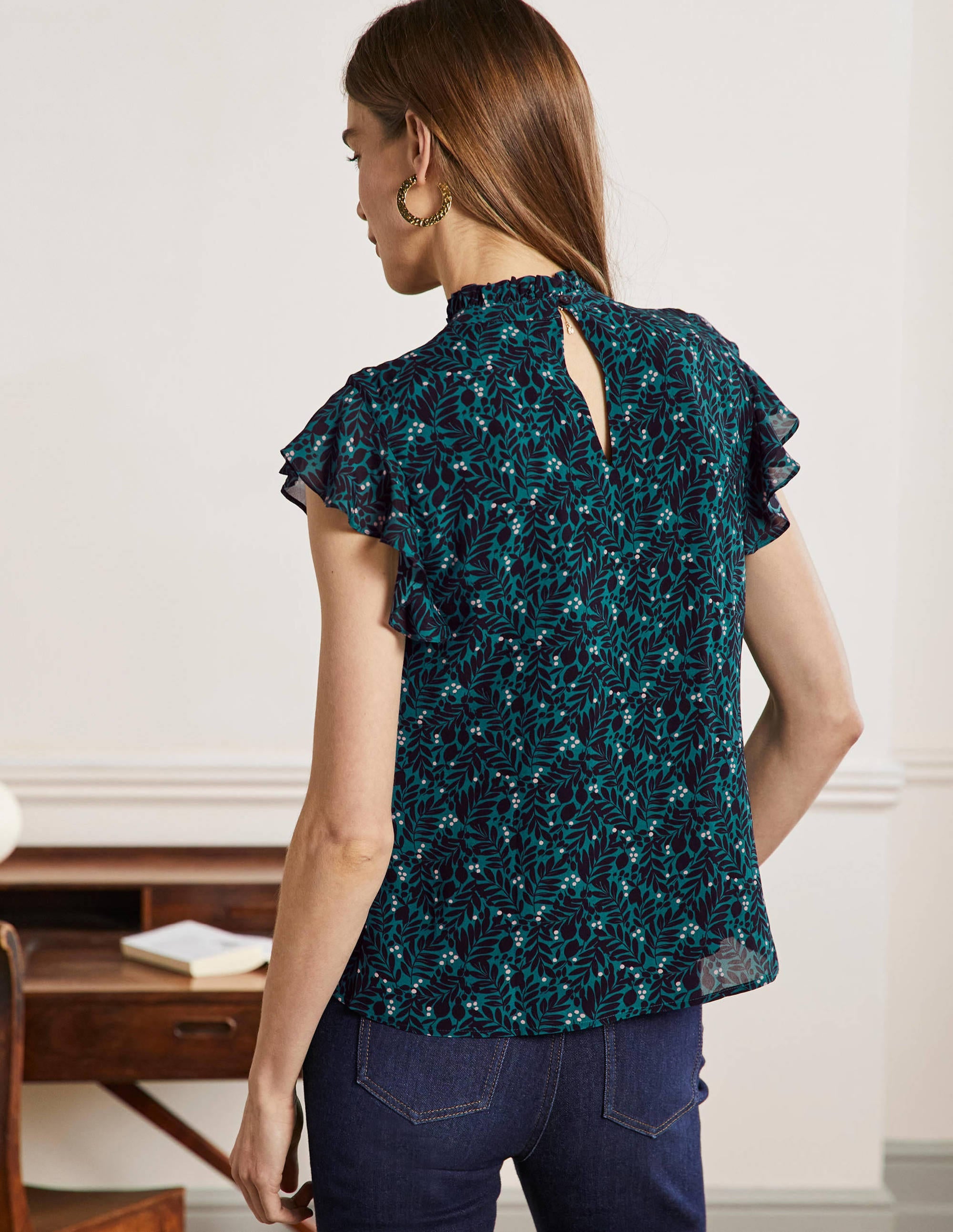 High Neck Sleeveless Top-Black, Lemon Foliage - Image 3