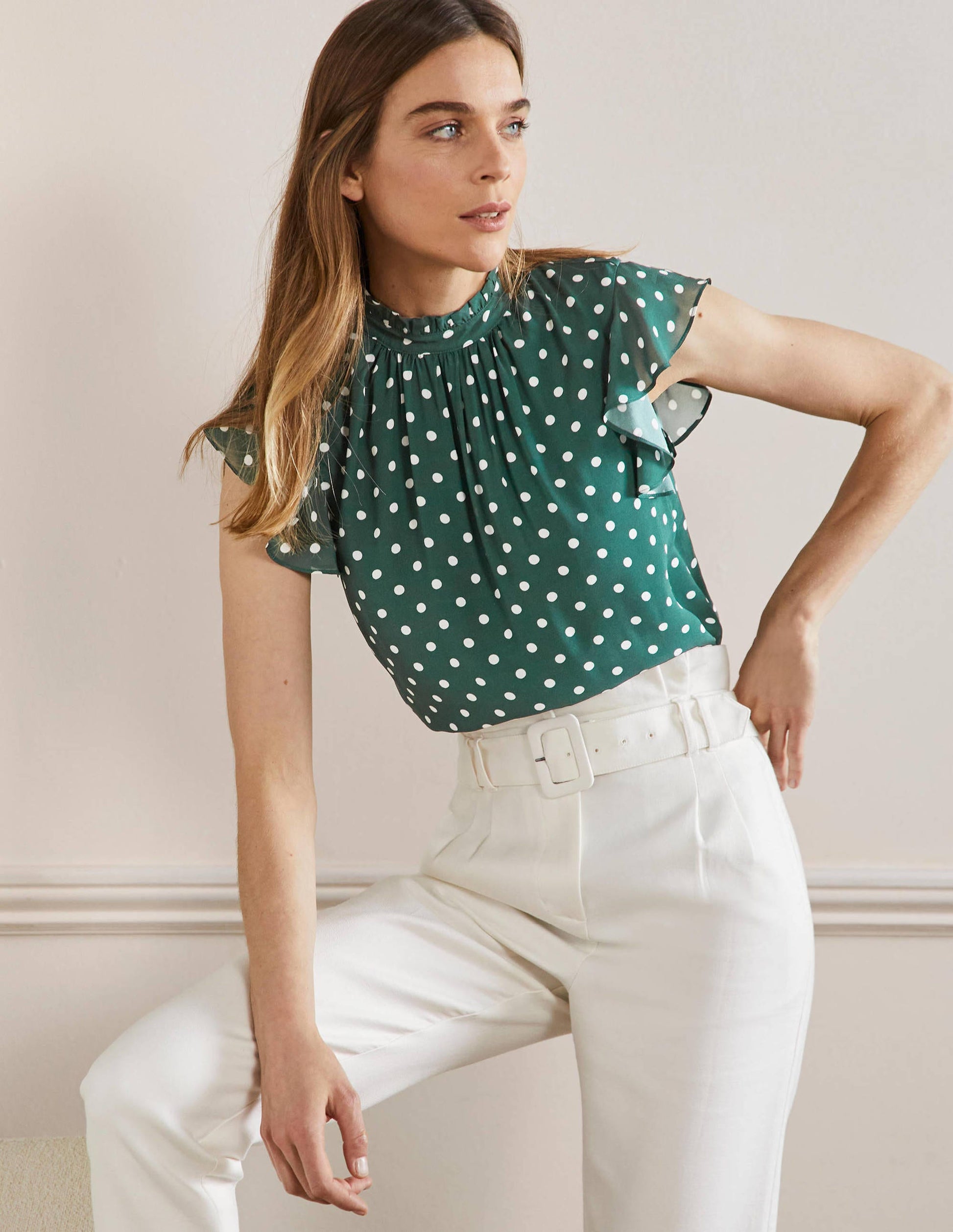 High Neck Sleeveless Top-Trekking Green, Regular Dot-1