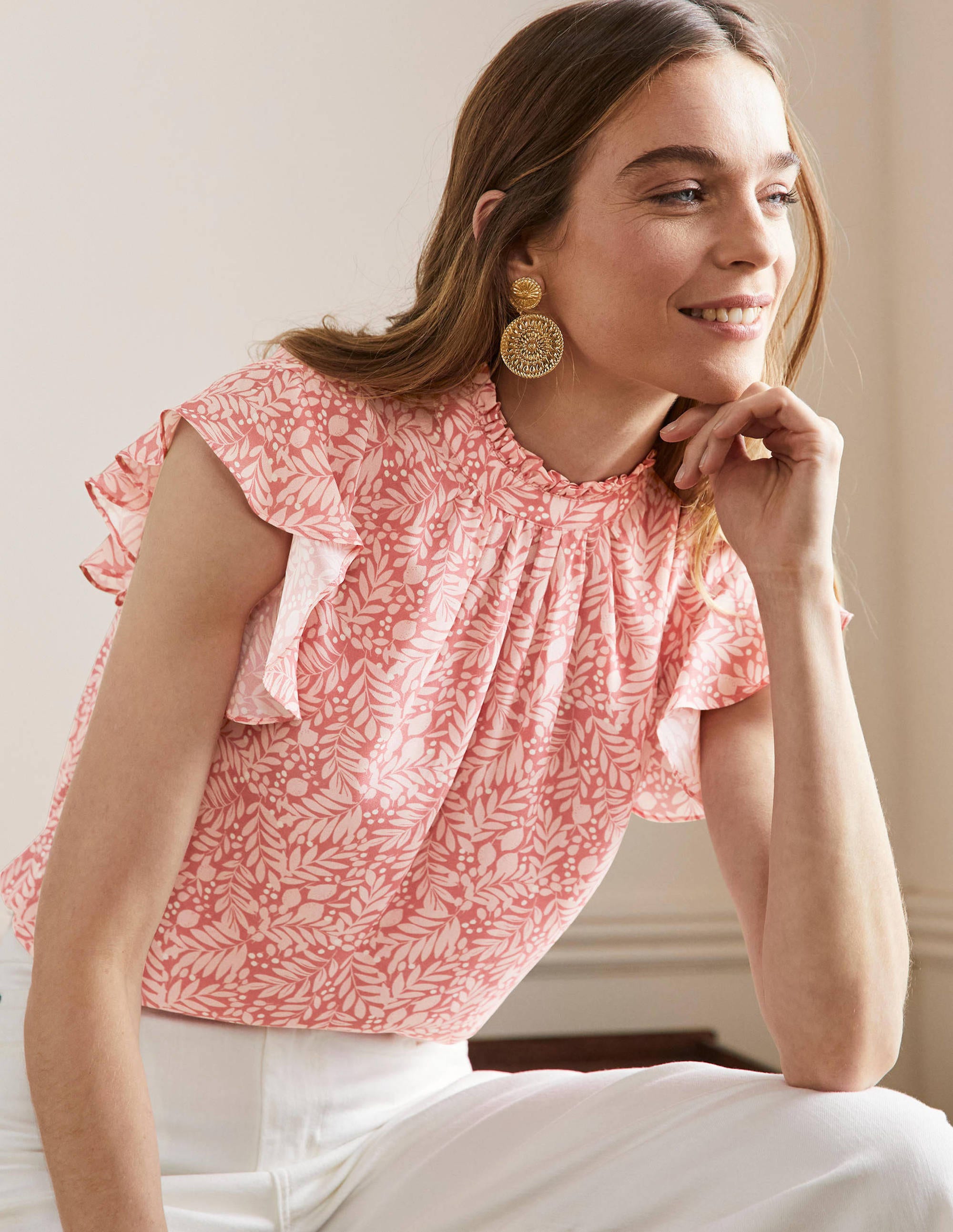High Neck Sleeveless Top-Milkshake, Lemon Foliage - Image 1