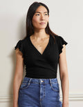 Flutter Sleeve Wrap Top-Black