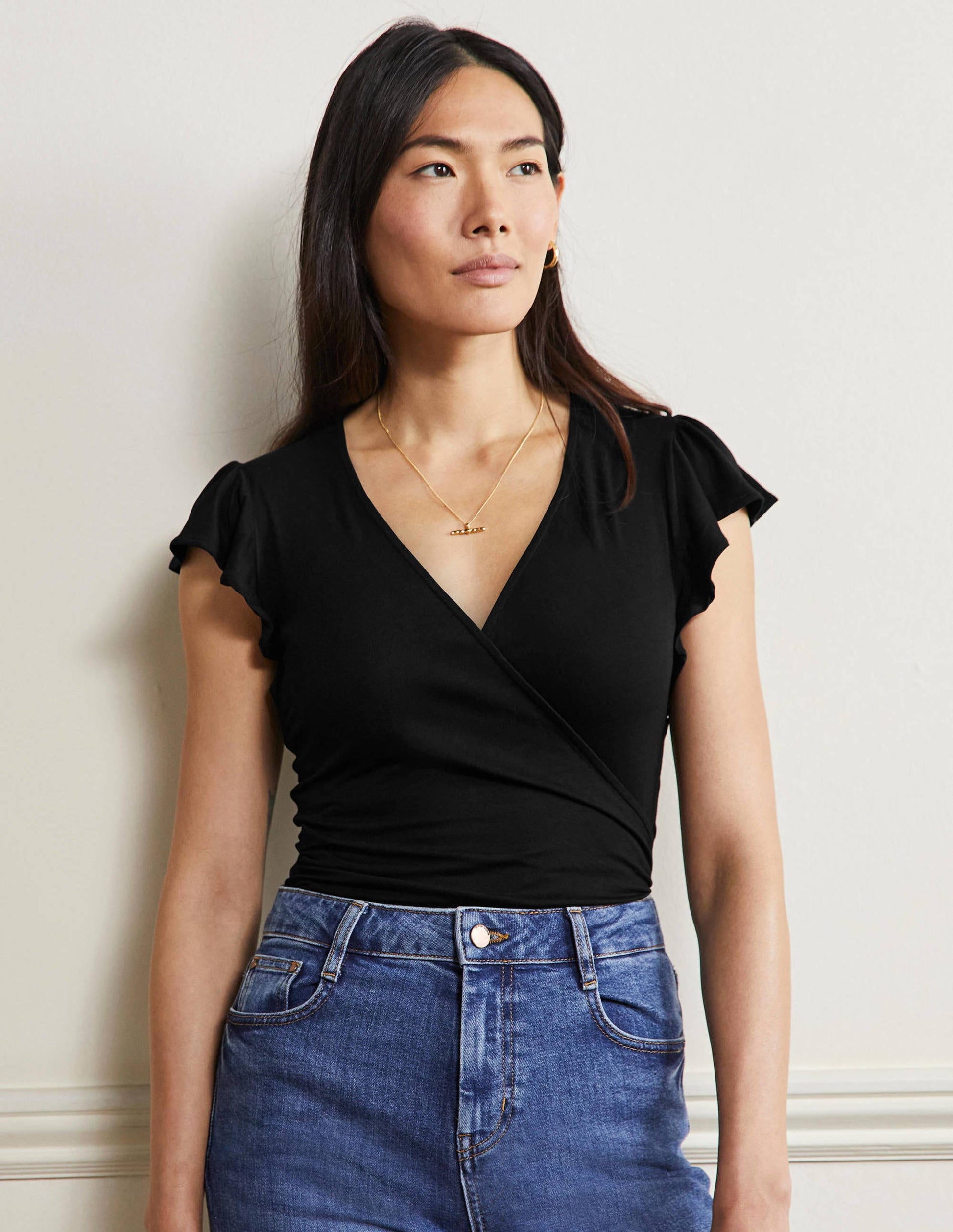 Flutter Sleeve Wrap Top-Black-1