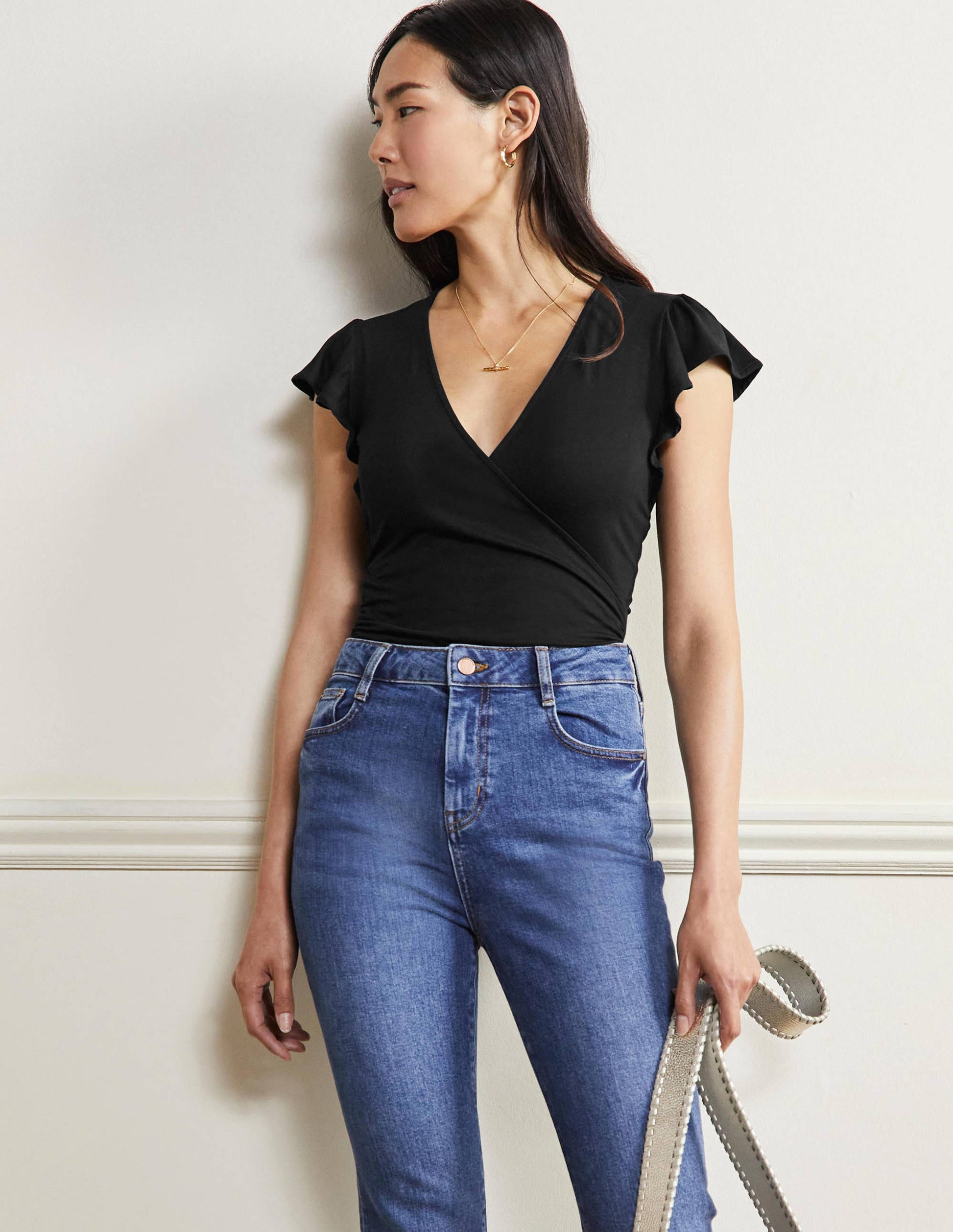 Flutter Sleeve Wrap Top-Black-4