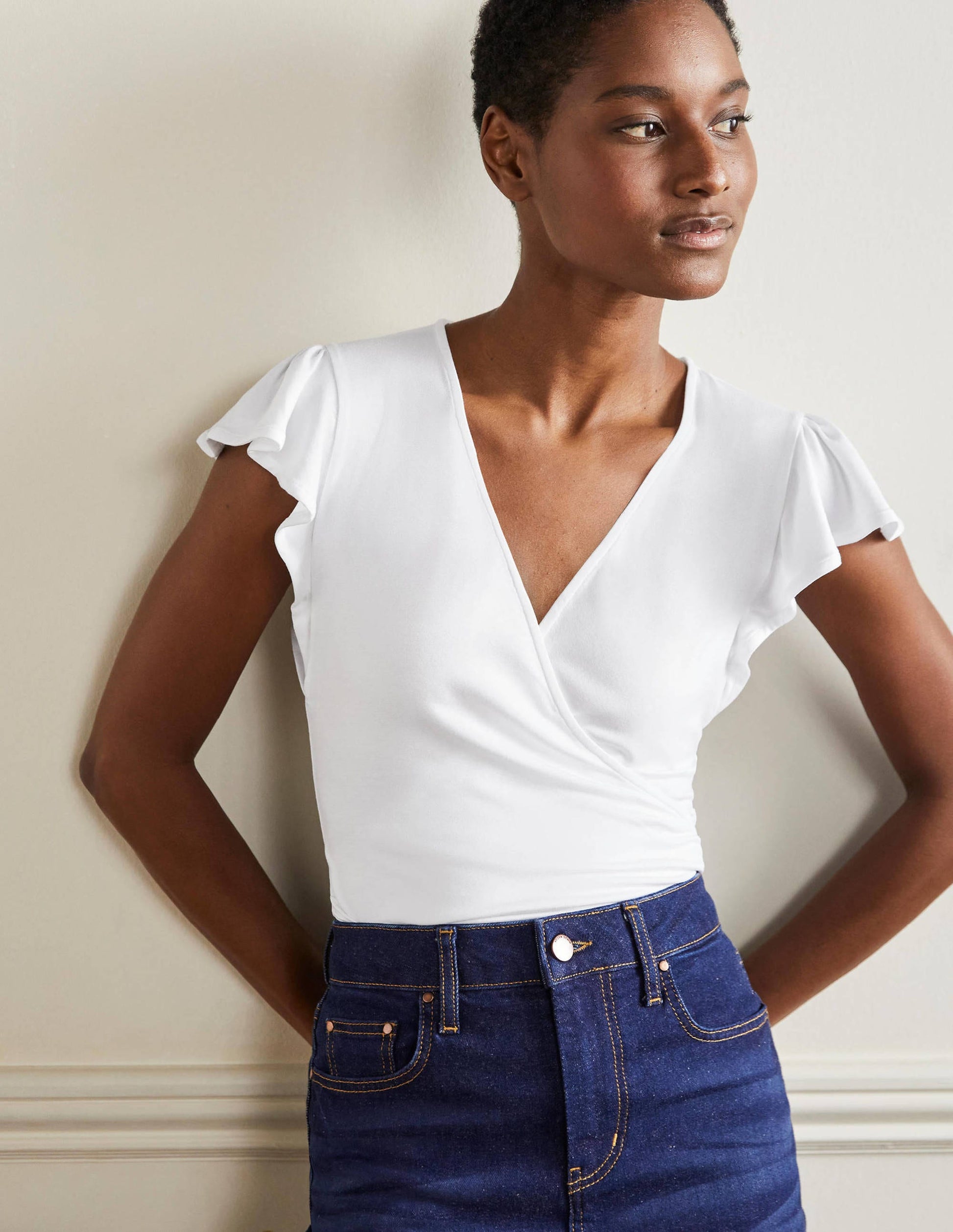 Flutter Sleeve Wrap Top-White-1