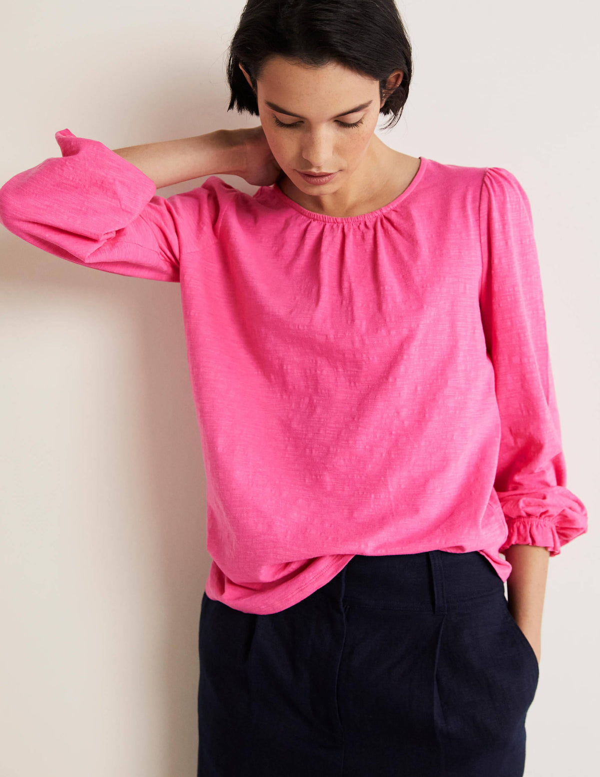 Blouson Cotton Crew Neck Top-Festival Pink - Image 1